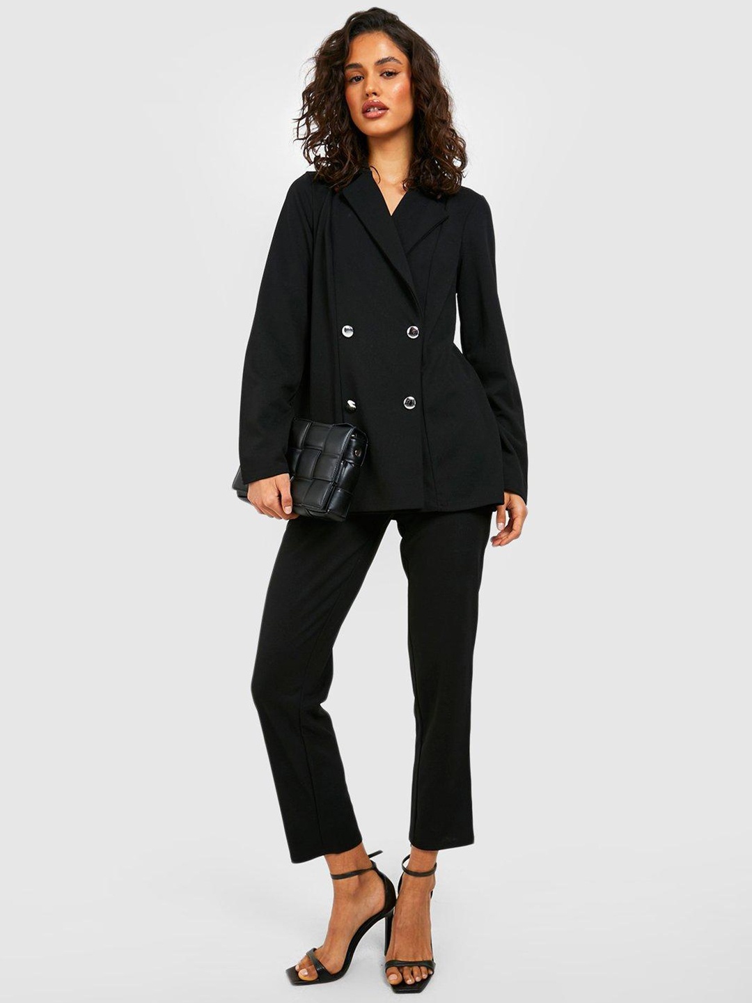 

Boohoo Women Double-Breasted Solid Blazer & Trousers, Black