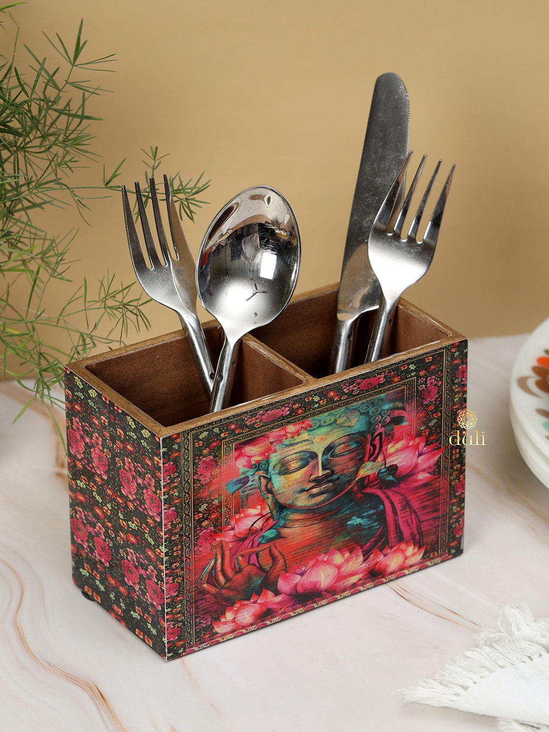 

DULI Red & Green Buddha Design Printed MDF Wooden Cutlery Holder With 2 Sections