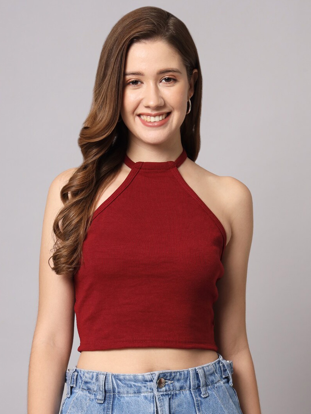 

Funday Fashion Halter Neck Fitted Crop Top, Maroon