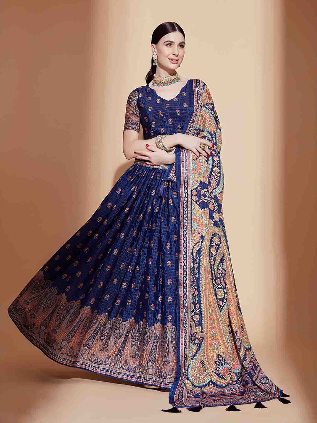 

ODETTE Printed Semi-Stitched Lehenga & Unstitched Blouse With Dupatta, Navy blue