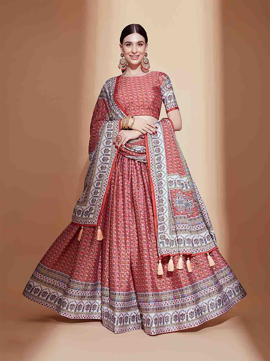 

ODETTE Printed Boat Neck Semi-Stitched Lehenga & Unstitched Blouse With Dupatta, Peach