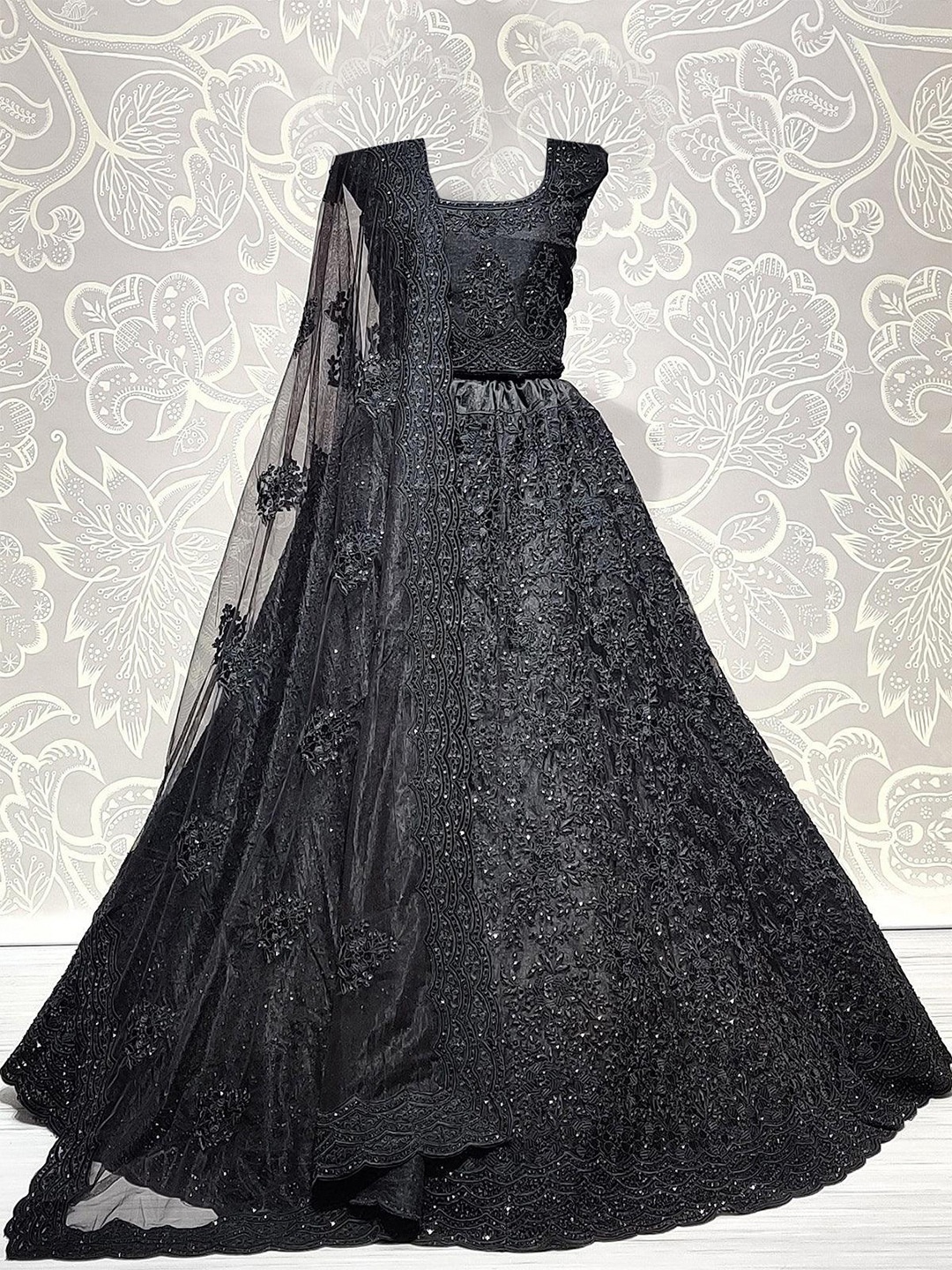 

ODETTE Embroidered Net Semi-Stitched Lehenga & Unstitched Blouse With Dupatta, Black