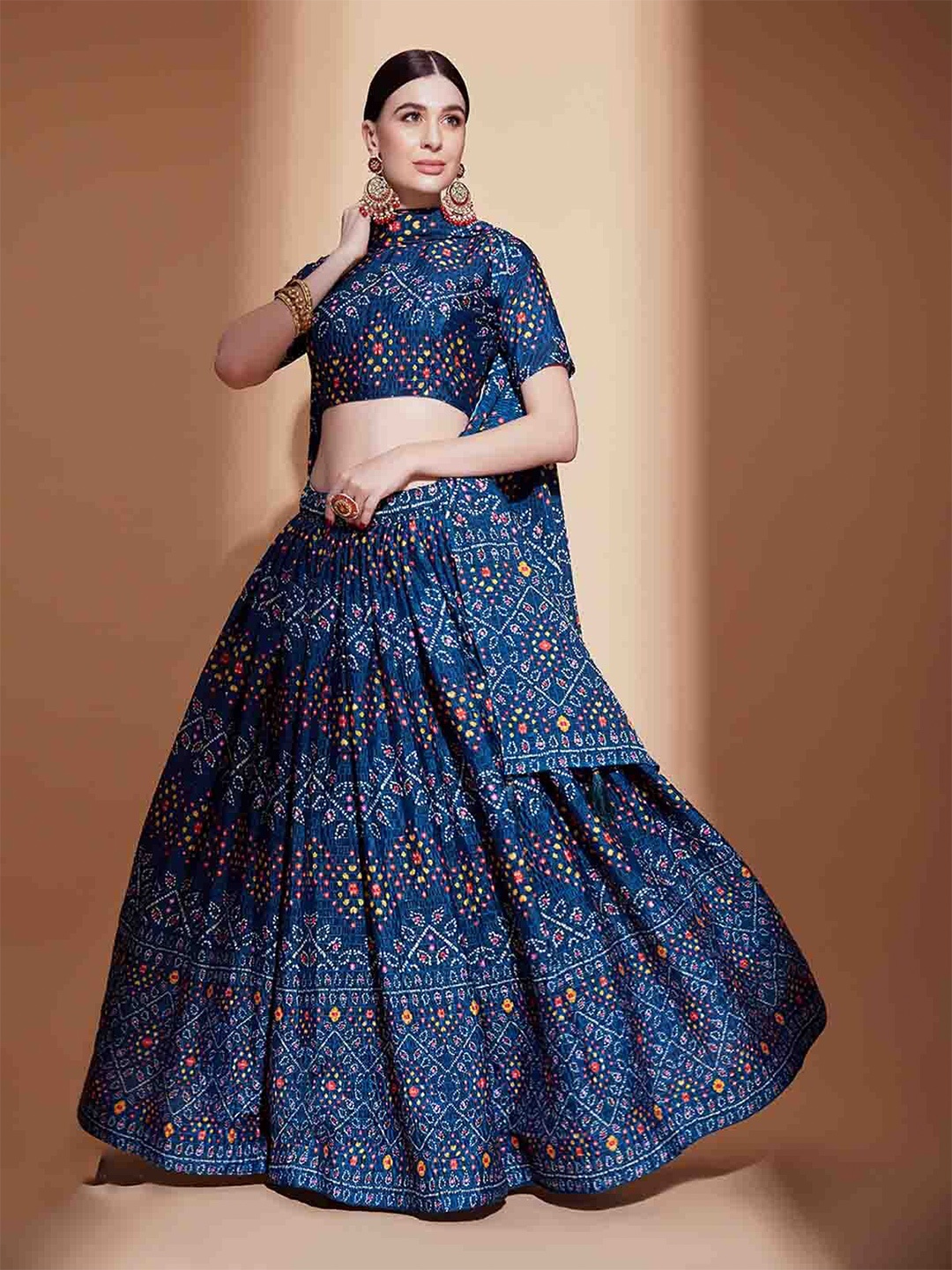 

ODETTE Bandhani Printed Semi-Stitched Lehenga & Unstitched Blouse With Dupatta, Teal