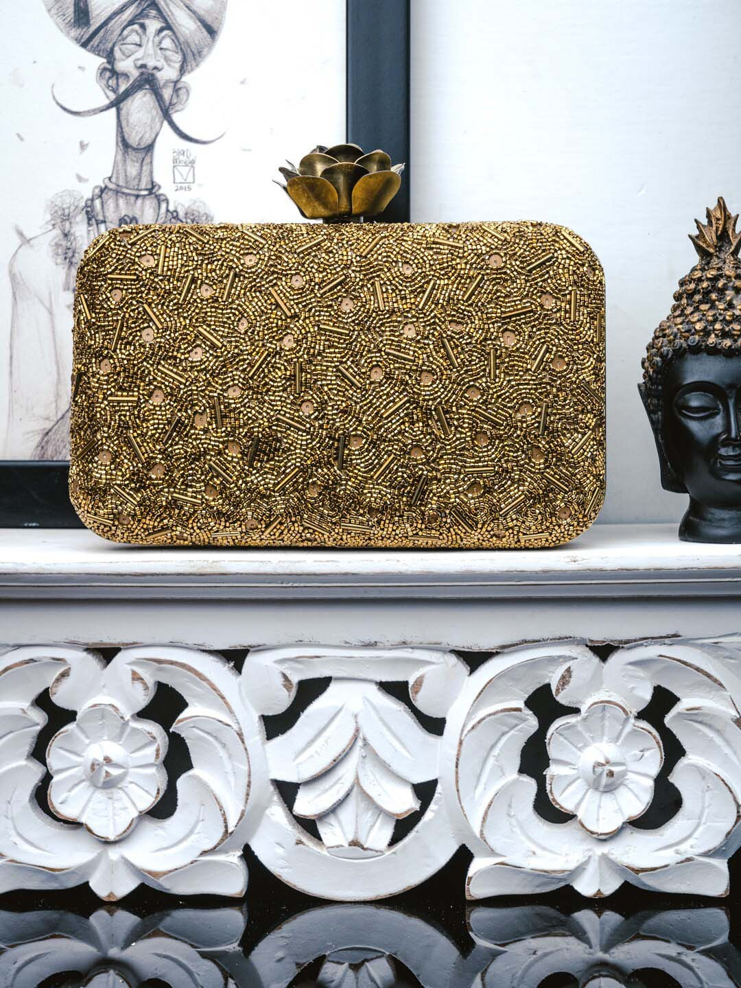 

NR By Nidhi Rathi Women Embellished Fabric Box Clutch, Gold