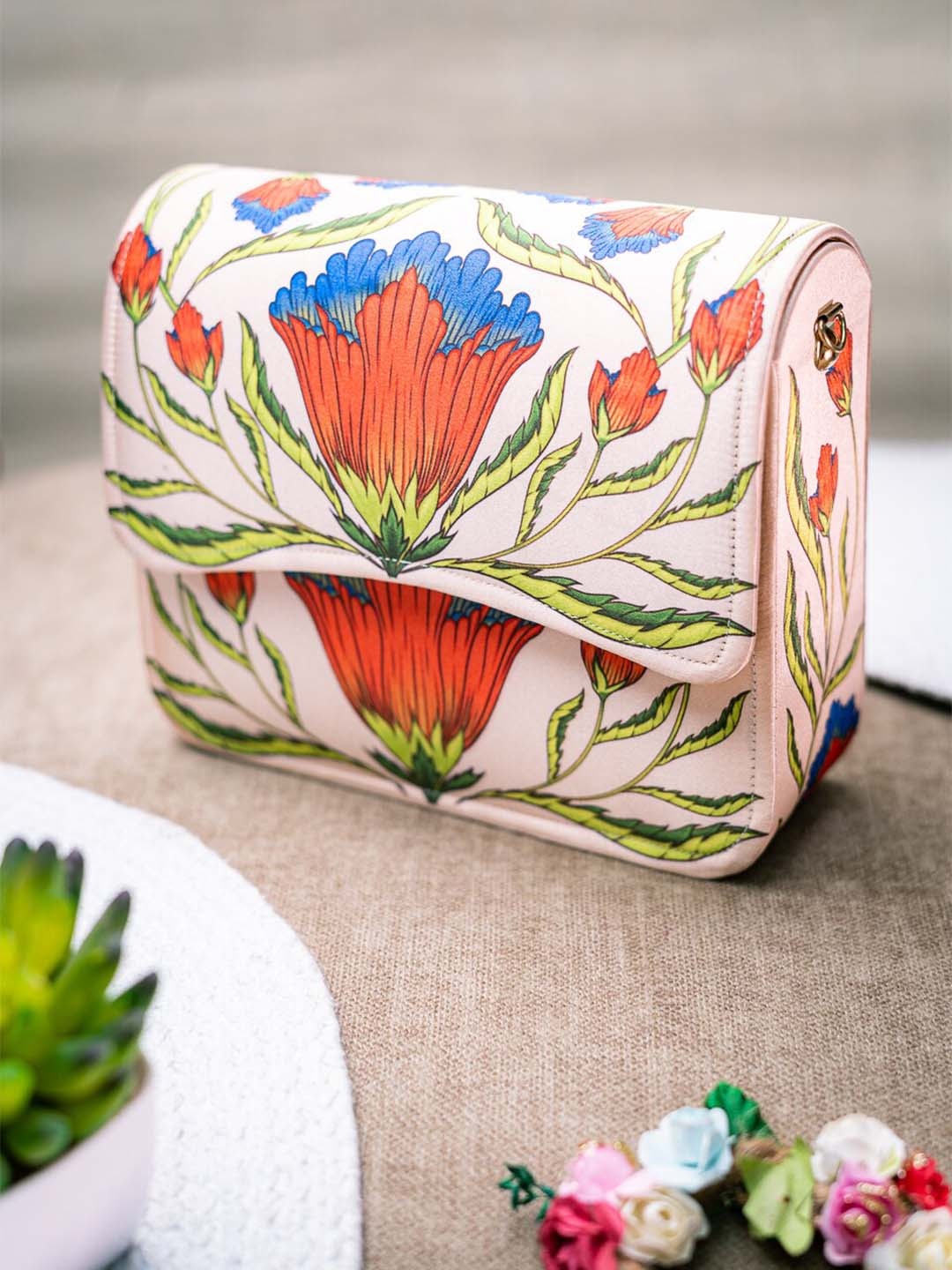 

NR By Nidhi Rathi Floral Printed Suede = Box Clutch, Peach