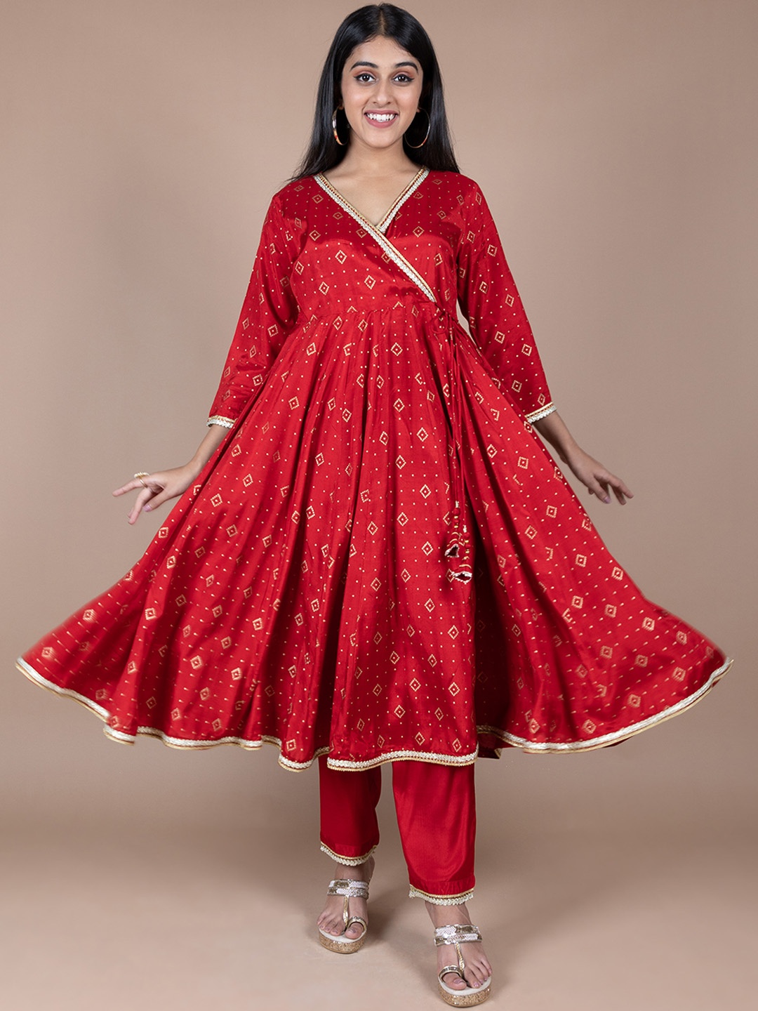 

HERE&NOW Ethnic Motifs Printed Angrakha Gotta Patti Kurta with Palazzos, Red