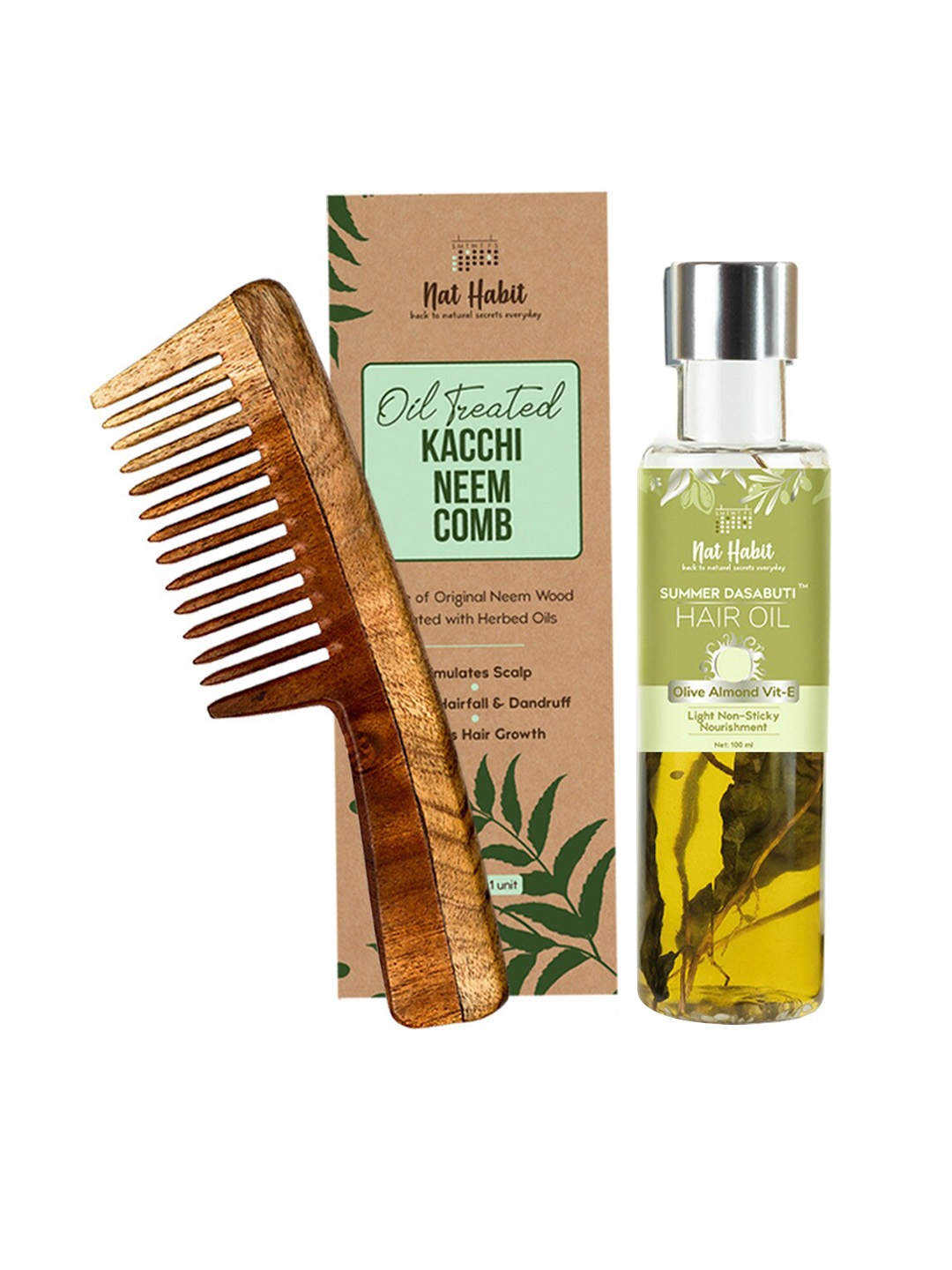 

Nat Habit Set Of Wide Tooth kacchi Neem Comb & Olive Almond Vit-E Hair Oil, Brown