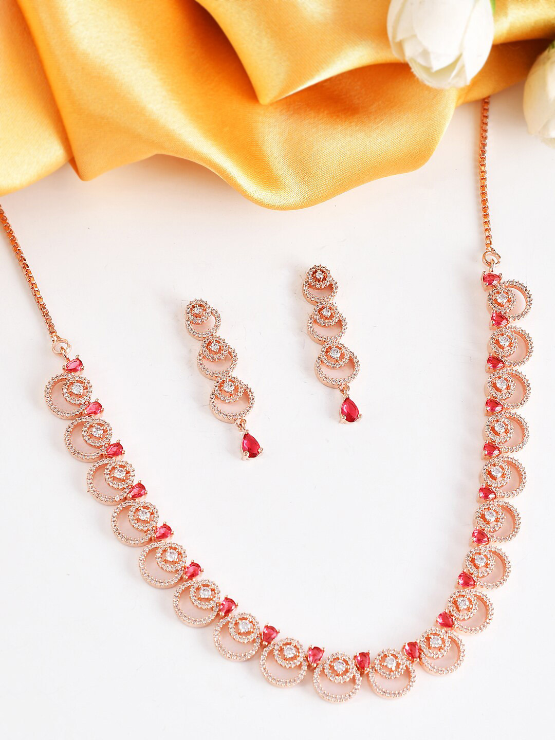 

Voylla Rose-Gold Plated CZ Necklace With Earrings