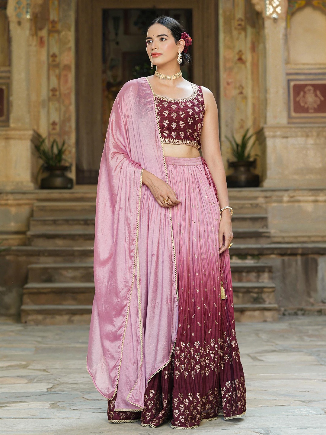 

SCAKHI Embroidered Sleeveless Ready to Wear Lehenga & Blouse With Dupatta, Maroon