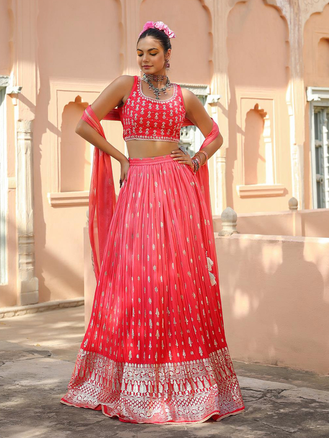 

SCAKHI Embroidered Zari Foil Print Ready to Wear Lehenga Set, Pink