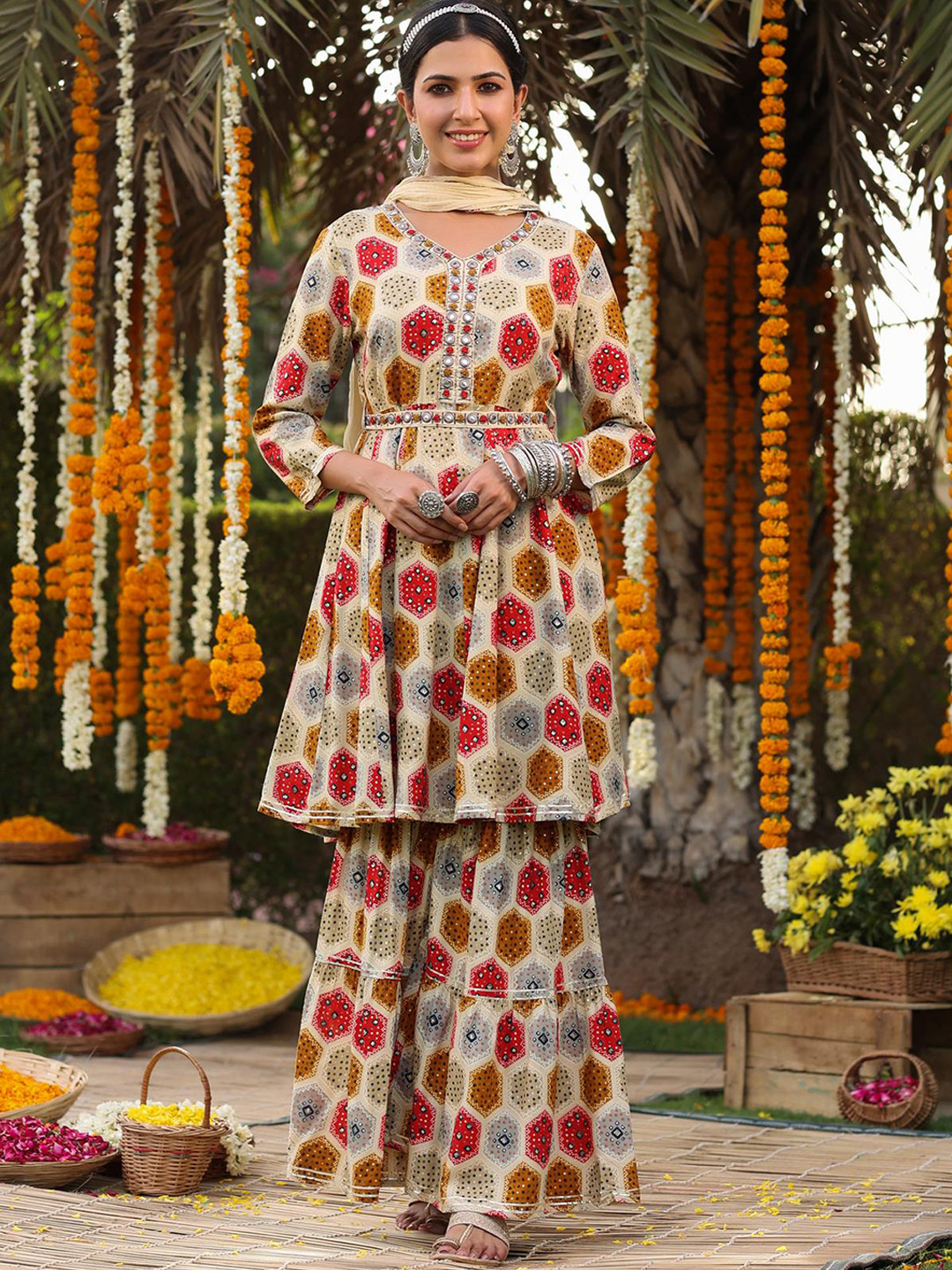 

SCAKHI Bandhani Printed Regular Mirror Work Kurti With Sharara & Dupatta, Beige