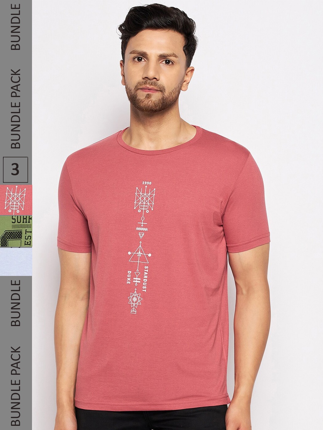 

Duke Pack of 3 Graphic Printed Cotton Slim Fit T-shirts, Coral