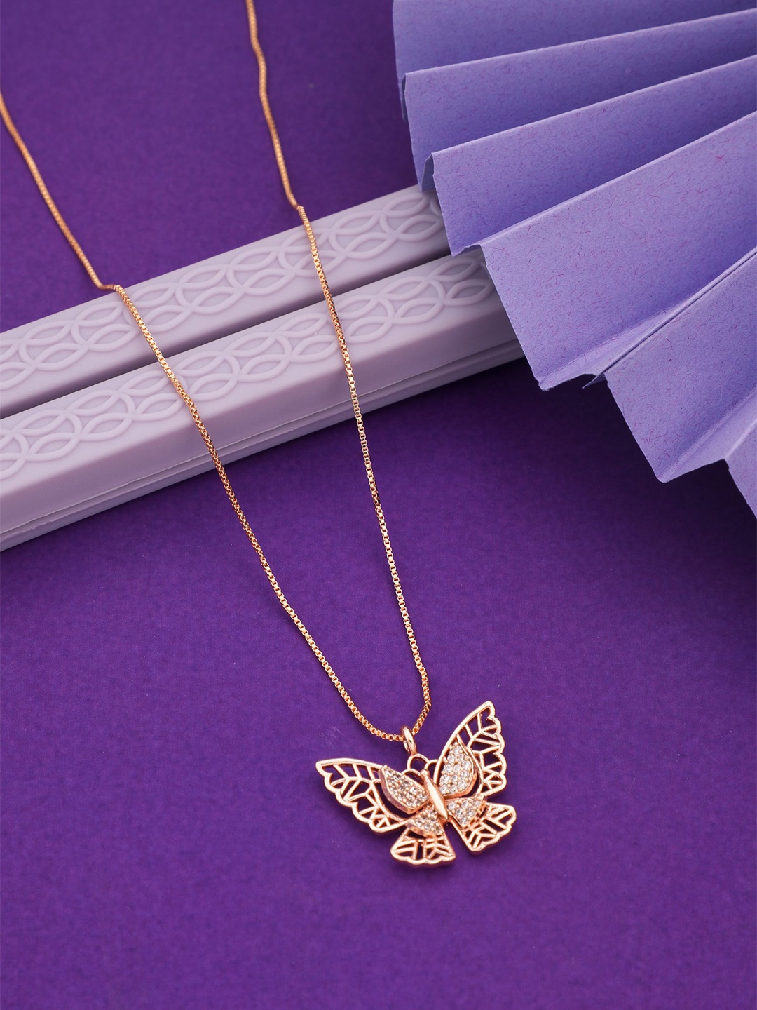 

Vita Bella Rose Gold Plated Chain With American Diamond Butterfly Pendant