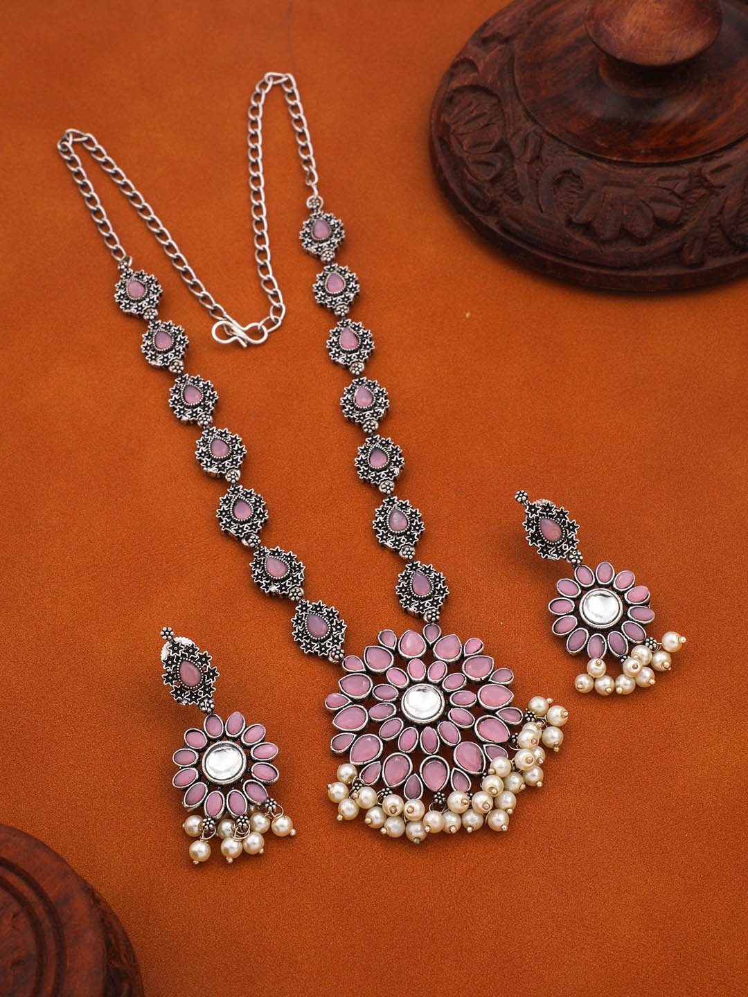 

Vita Bella Oxidized Silver-Plated Stone-Studded & Beaded Jewellery Set