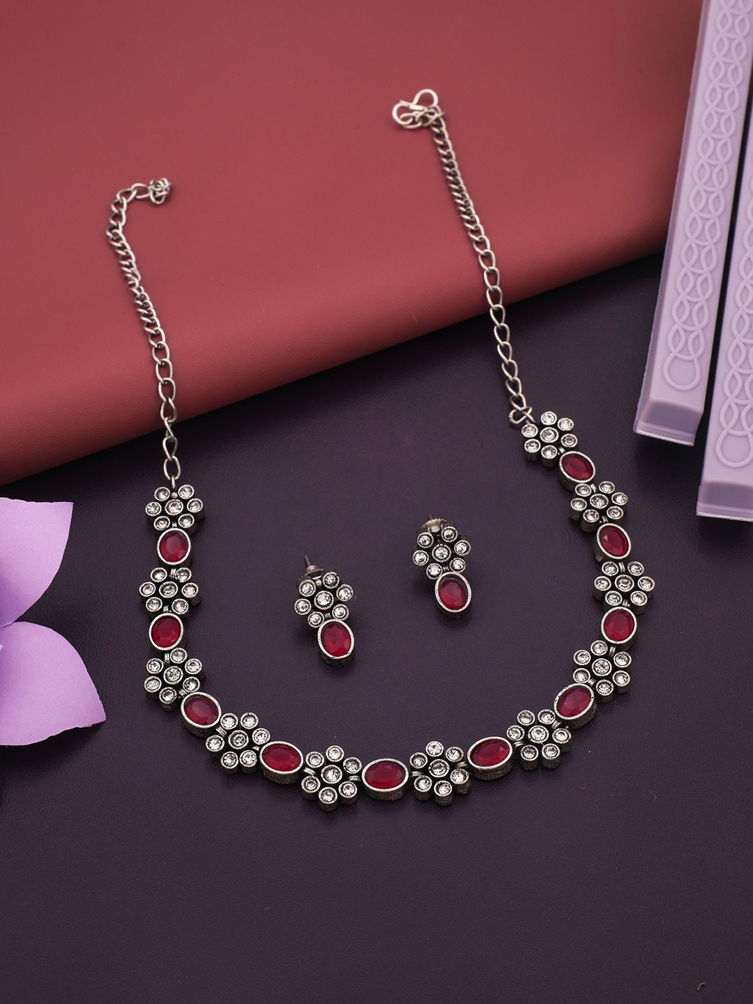 

Vita Bella Oxidized Silver-Plated Stone-Studded Jewellery Set