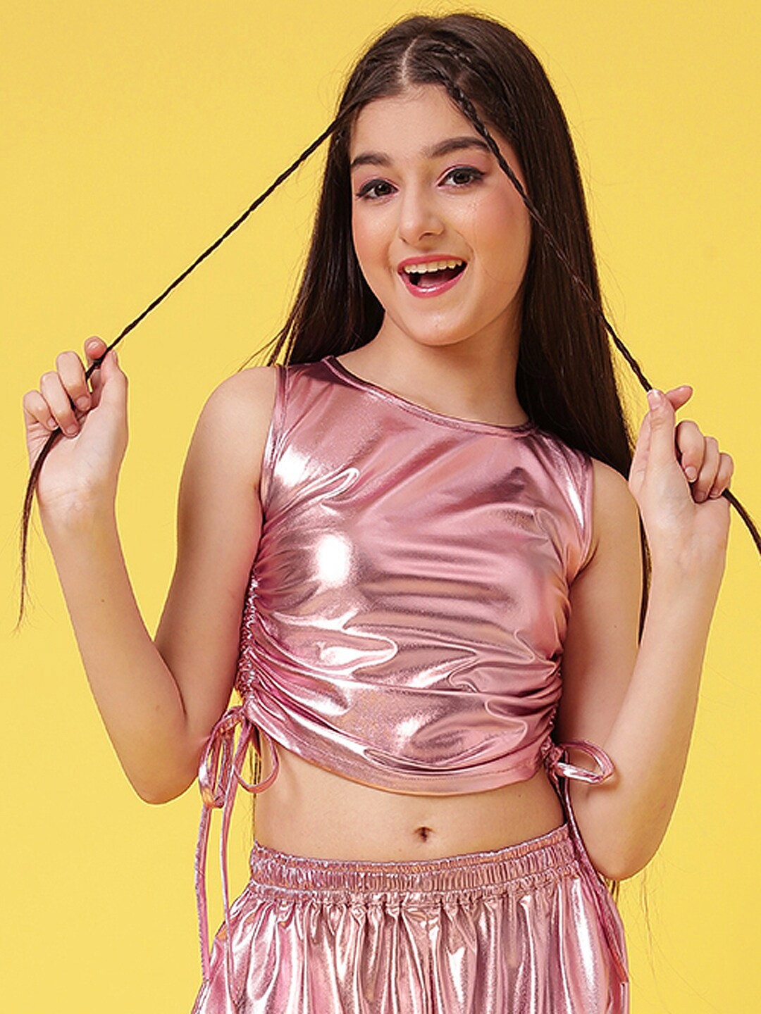 

A.T.U.N. Girls Ruched Crop Tie-Ups Top, Pink