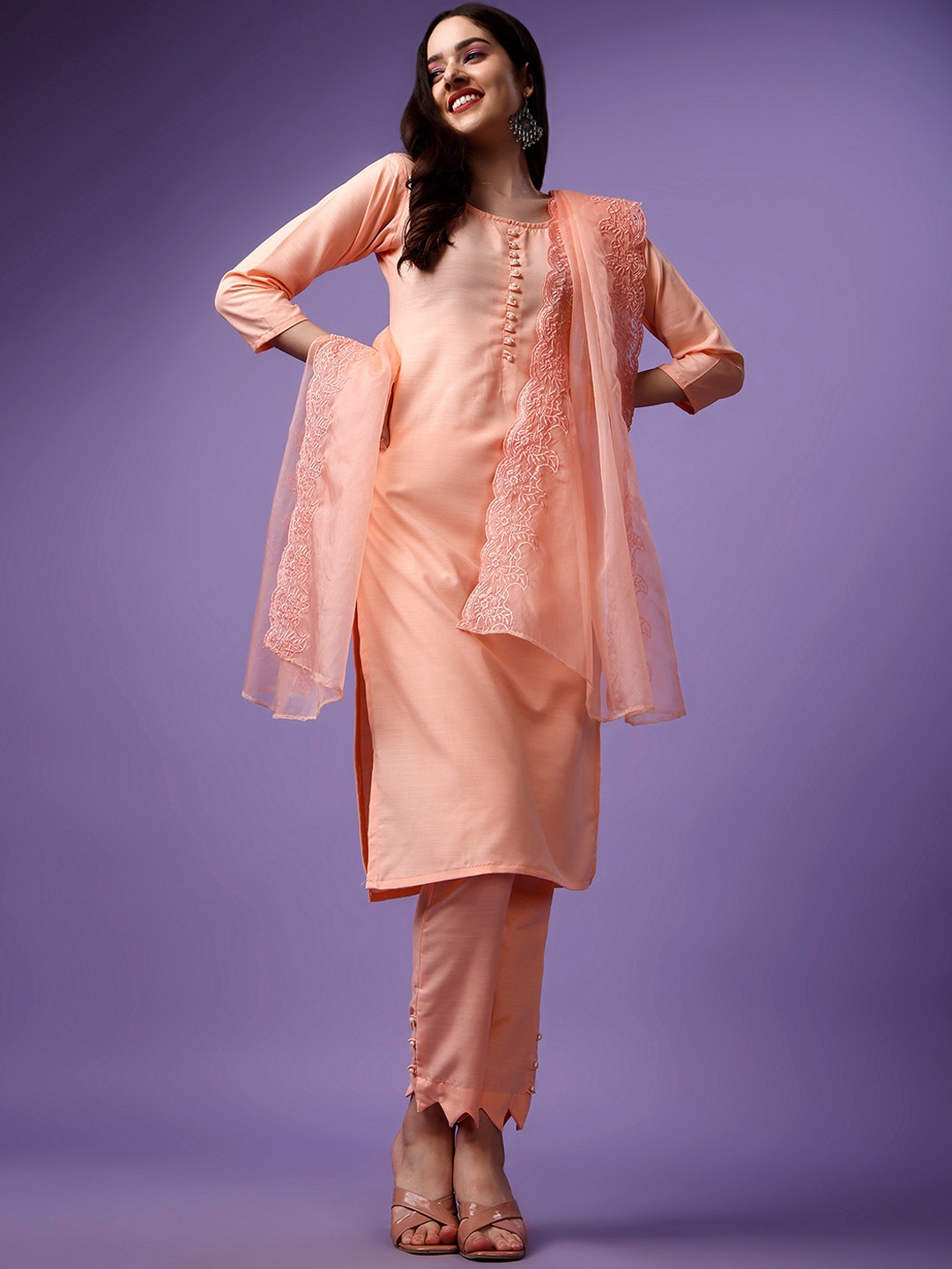

ASPORA Round Neck Straight Kurta With Trousers & Dupatta, Peach
