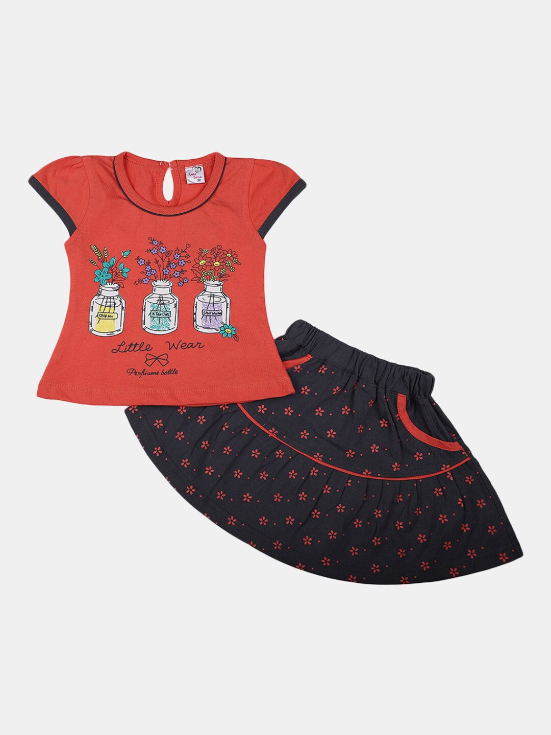 

V-Mart Infant Girls Printed Pure Cotton Top With Skirt Set, Coral