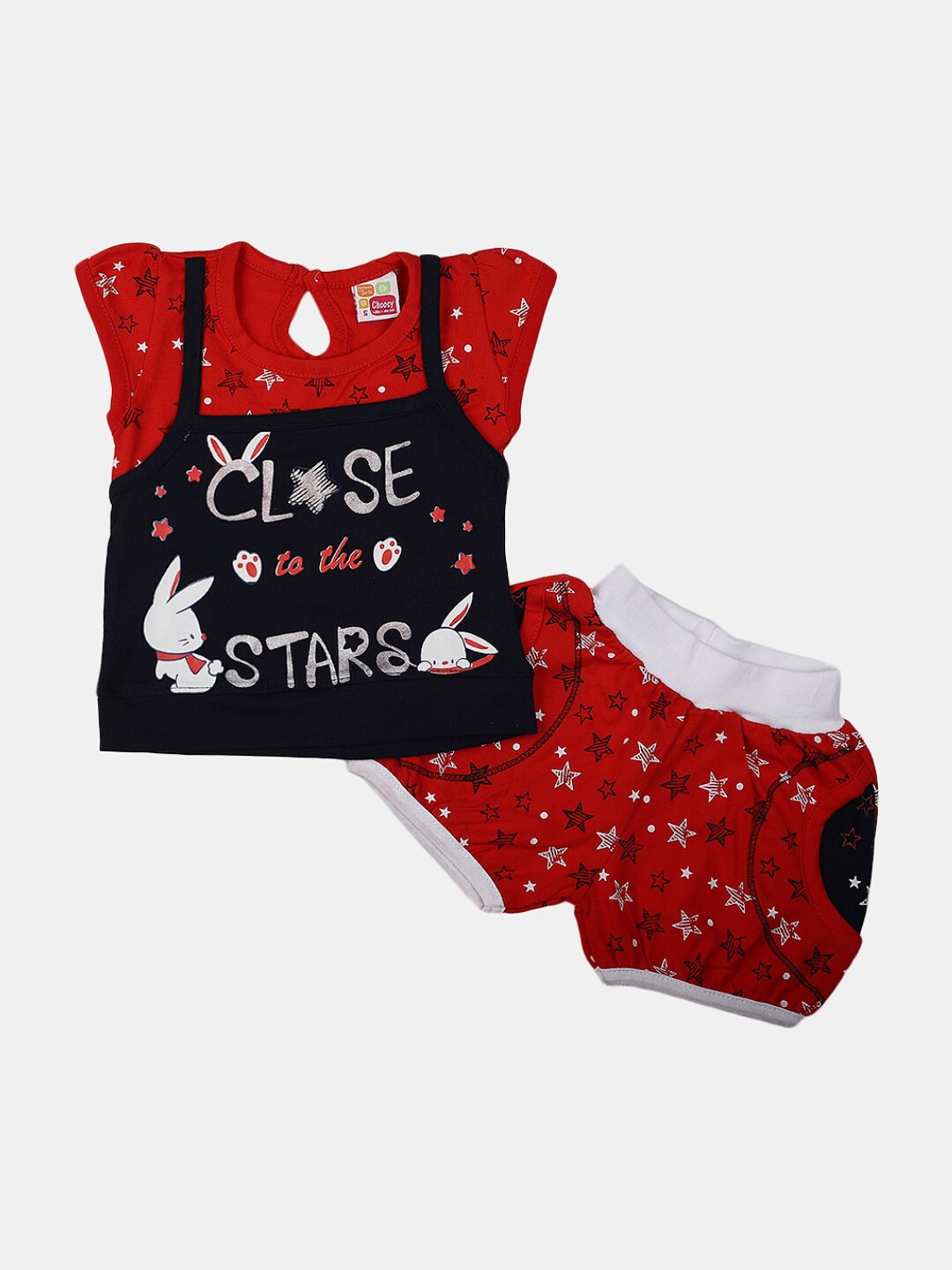 

V-Mart Infant Girls Printed Pure Cotton Top with Shorts, Red