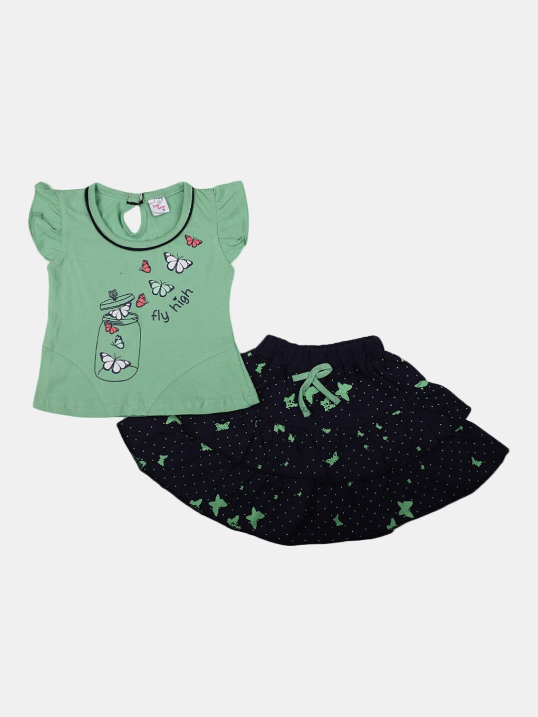 

V-Mart Infant Girls Printed Pure Cotton Round Neck Top with Skirt Clothing Set, Sea green