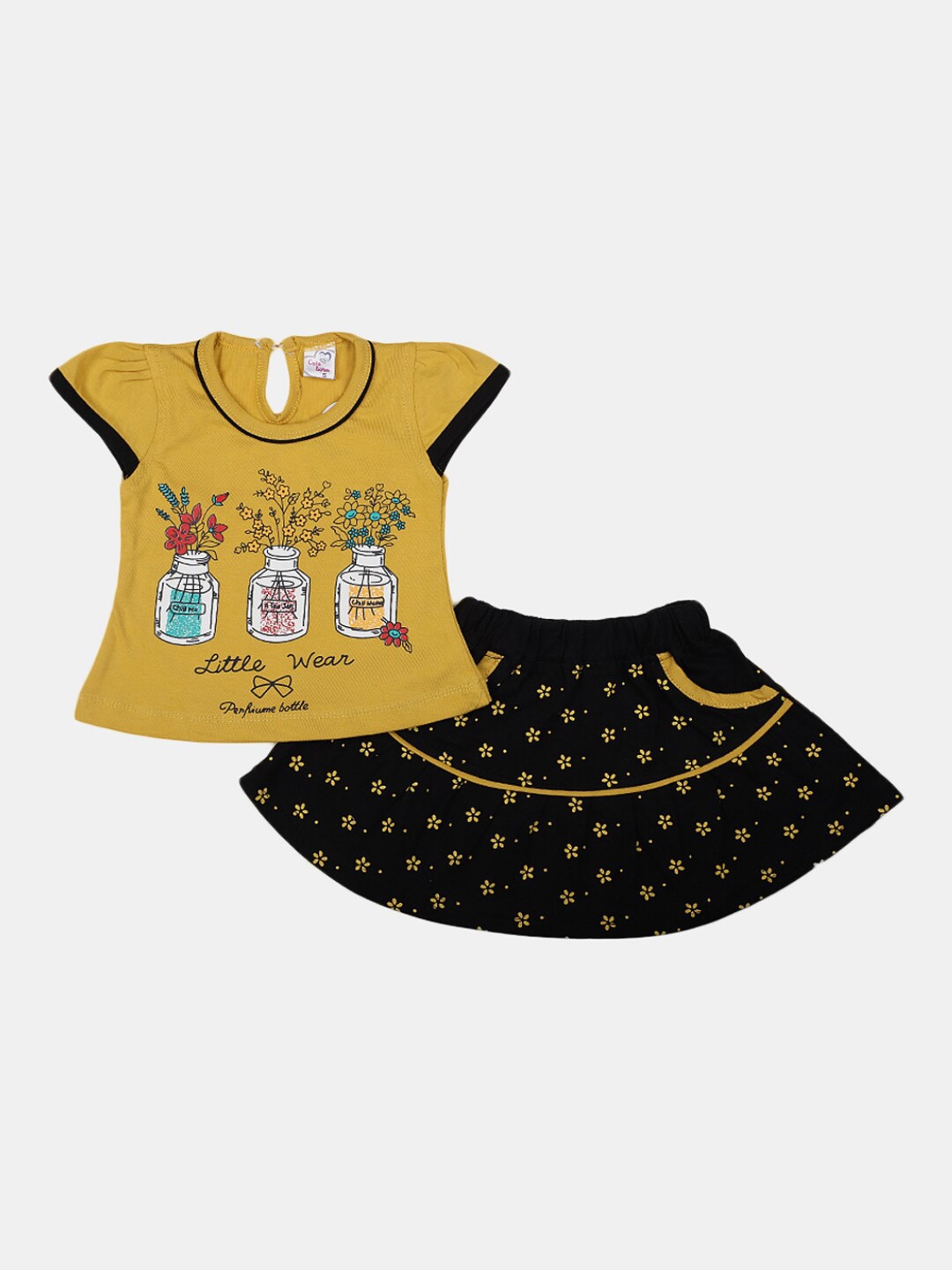 

V-Mart Infant Girls Printed Pure Cotton Round Neck Top with Skirt Clothing Set, Mustard