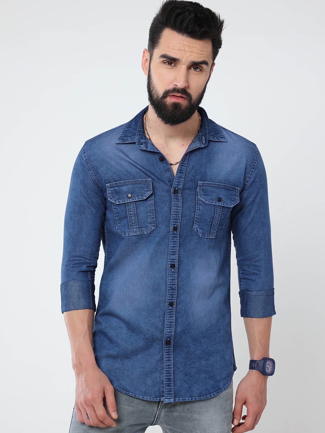 

Reslag Spread Collar Faded Denim Casual Shirt, Blue