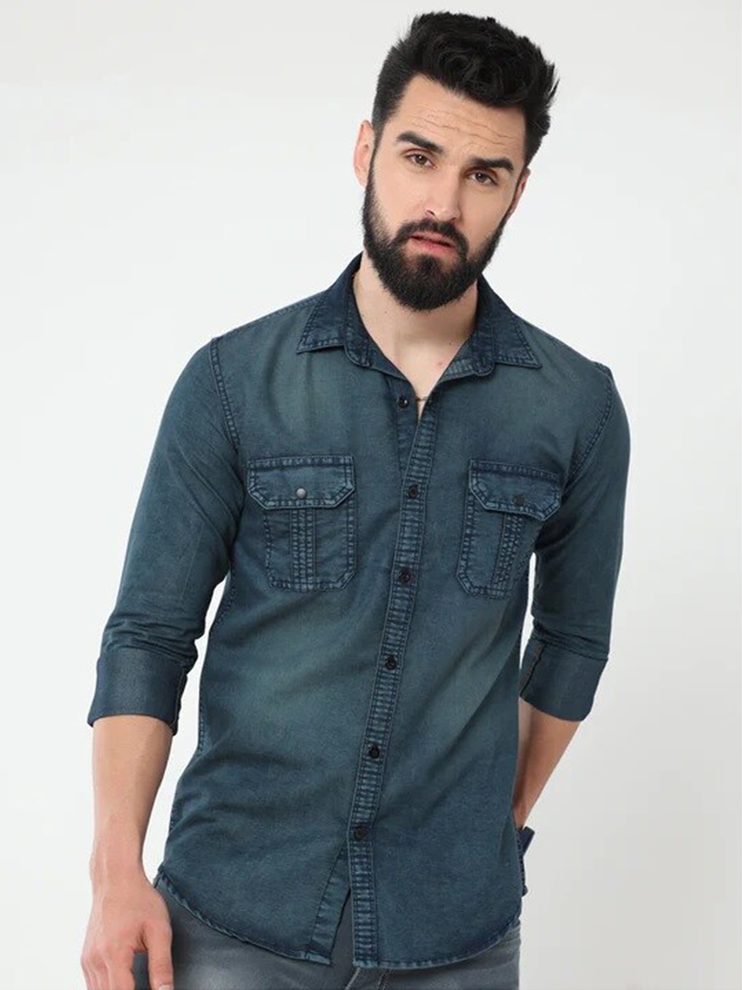 

Reslag Spread Collar Faded Denim Casual Shirt, Navy blue