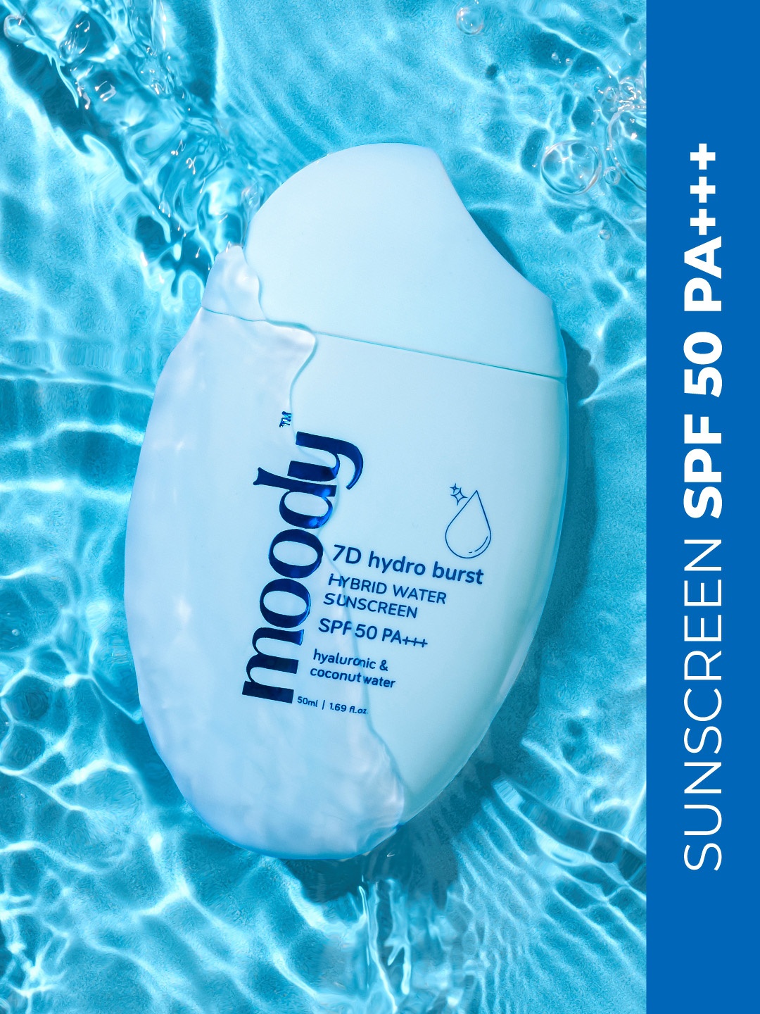 

MOODY 7D Hydro Burst Hybrid Water Sunscreen SPF 50 PA +++, Hyaluronic & Coconut water, Transparent