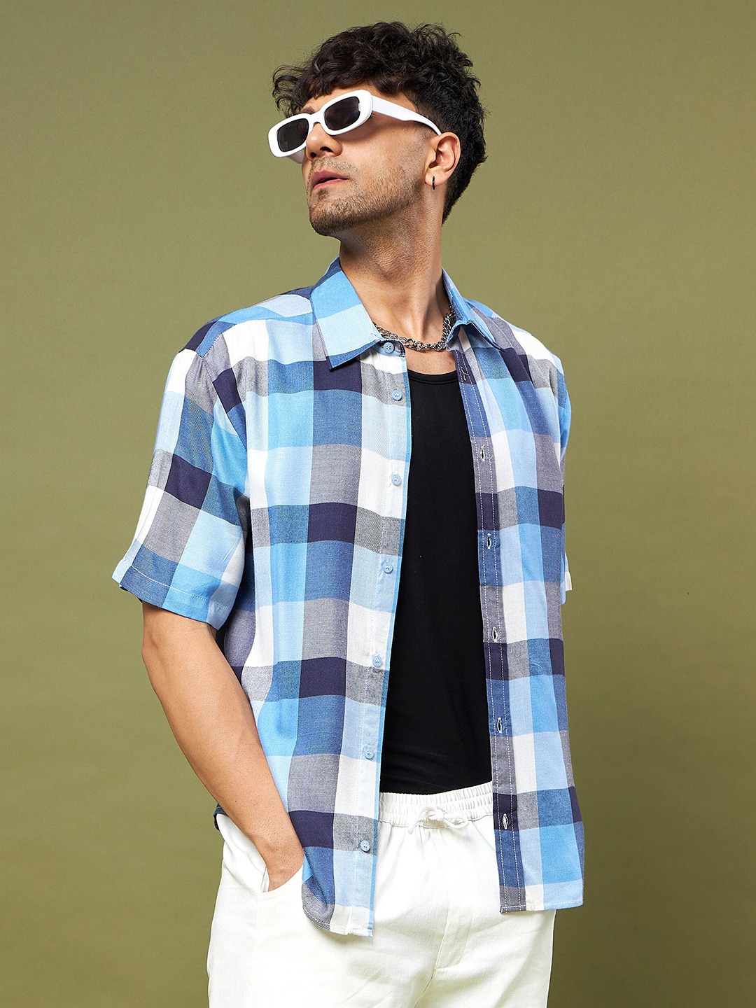 

MASCLN SASSAFRAS Relaxed Tartan Checked Spread Collar Casual Shirt, Blue
