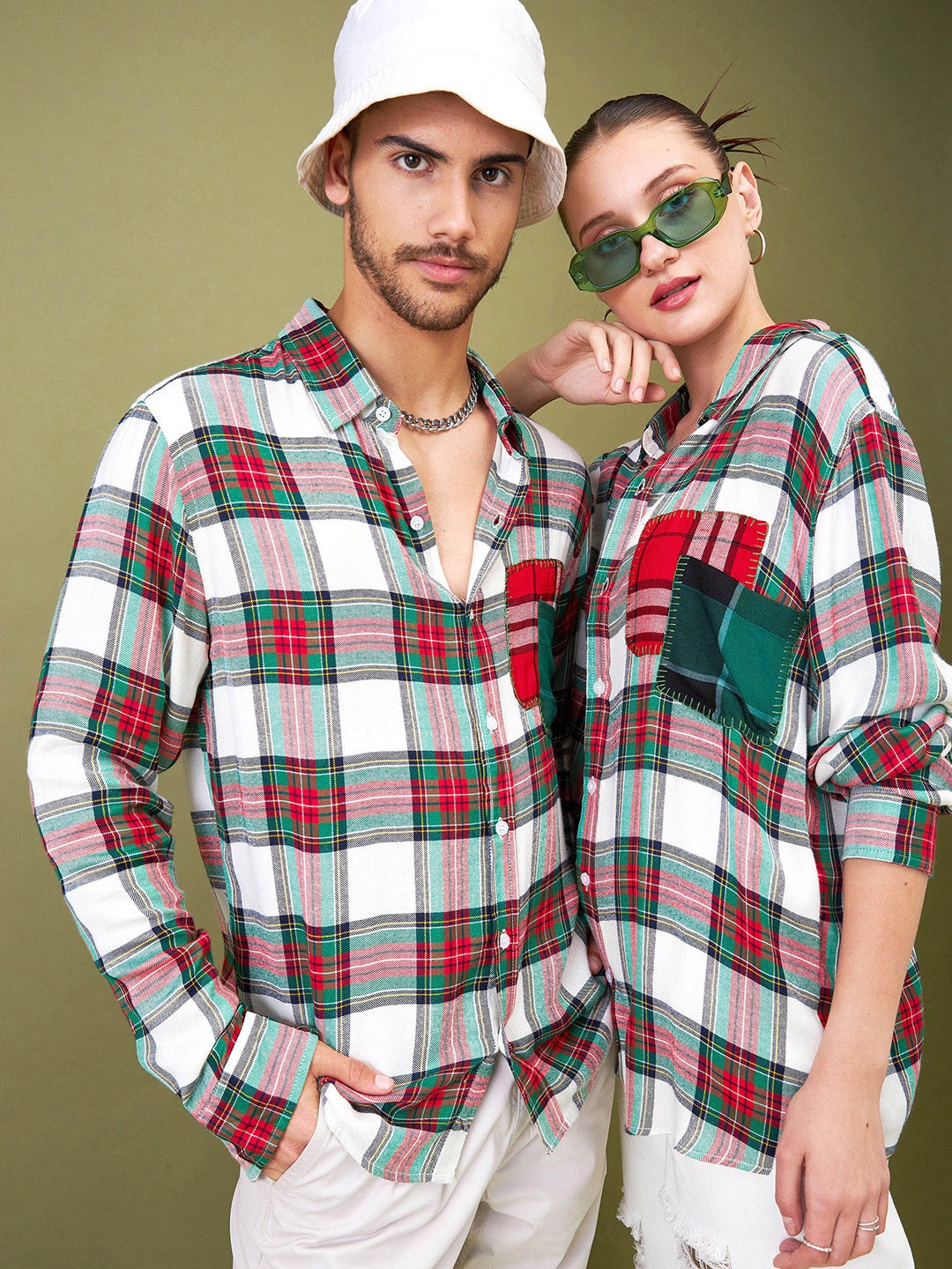 

MASCLN SASSAFRAS Relaxed Tartan Checked Spread Collar Boxy Casual Shirt, White
