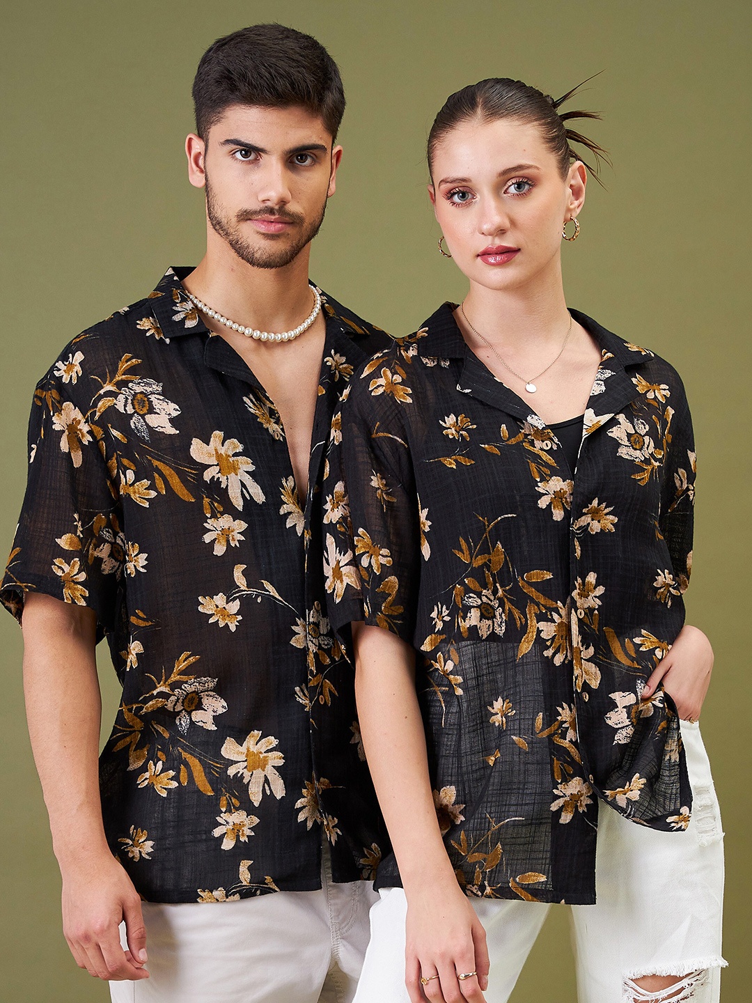 

MASCLN SASSAFRAS Unisex Relaxed Floral Printed Cuban Collar Casual Shirt, Black