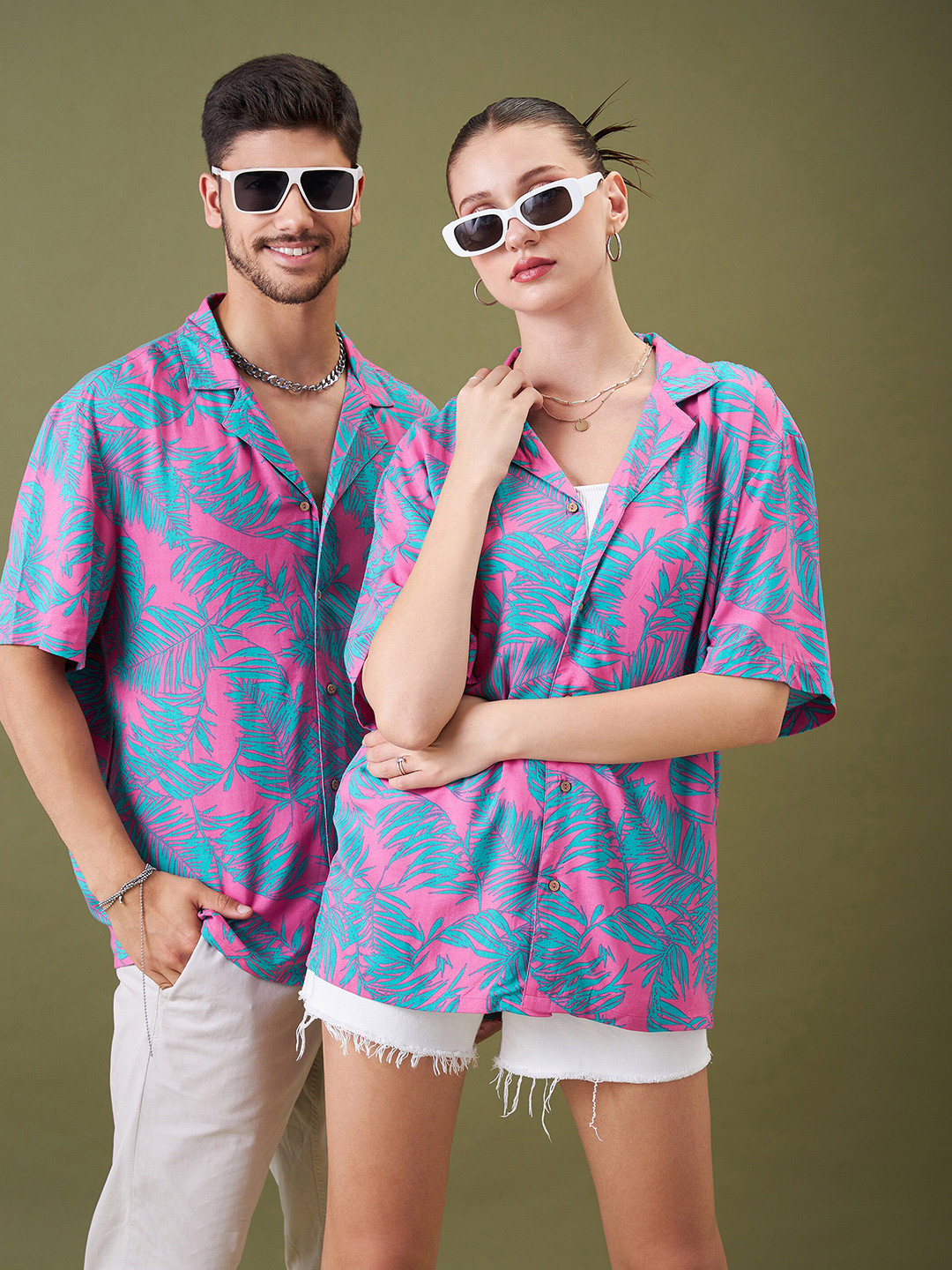 

MASCLN SASSAFRAS Relaxed Tropical Printed Cuban Collar Casual Shirt, Fuchsia