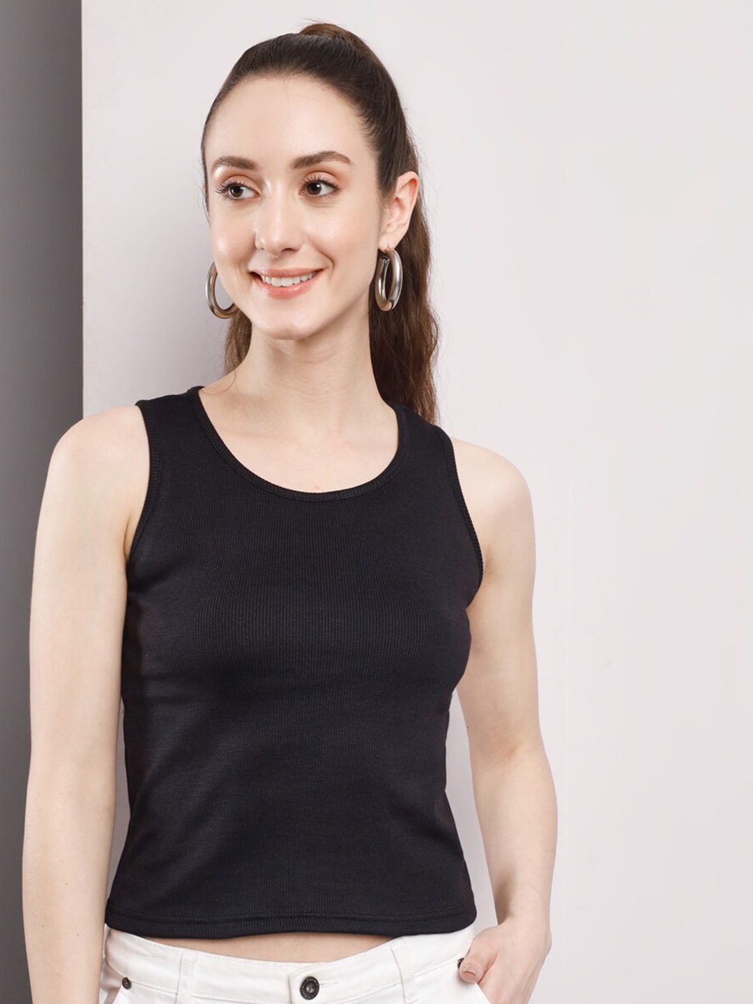 

Q-rious Sleeveless Cotton Tank Top, Black