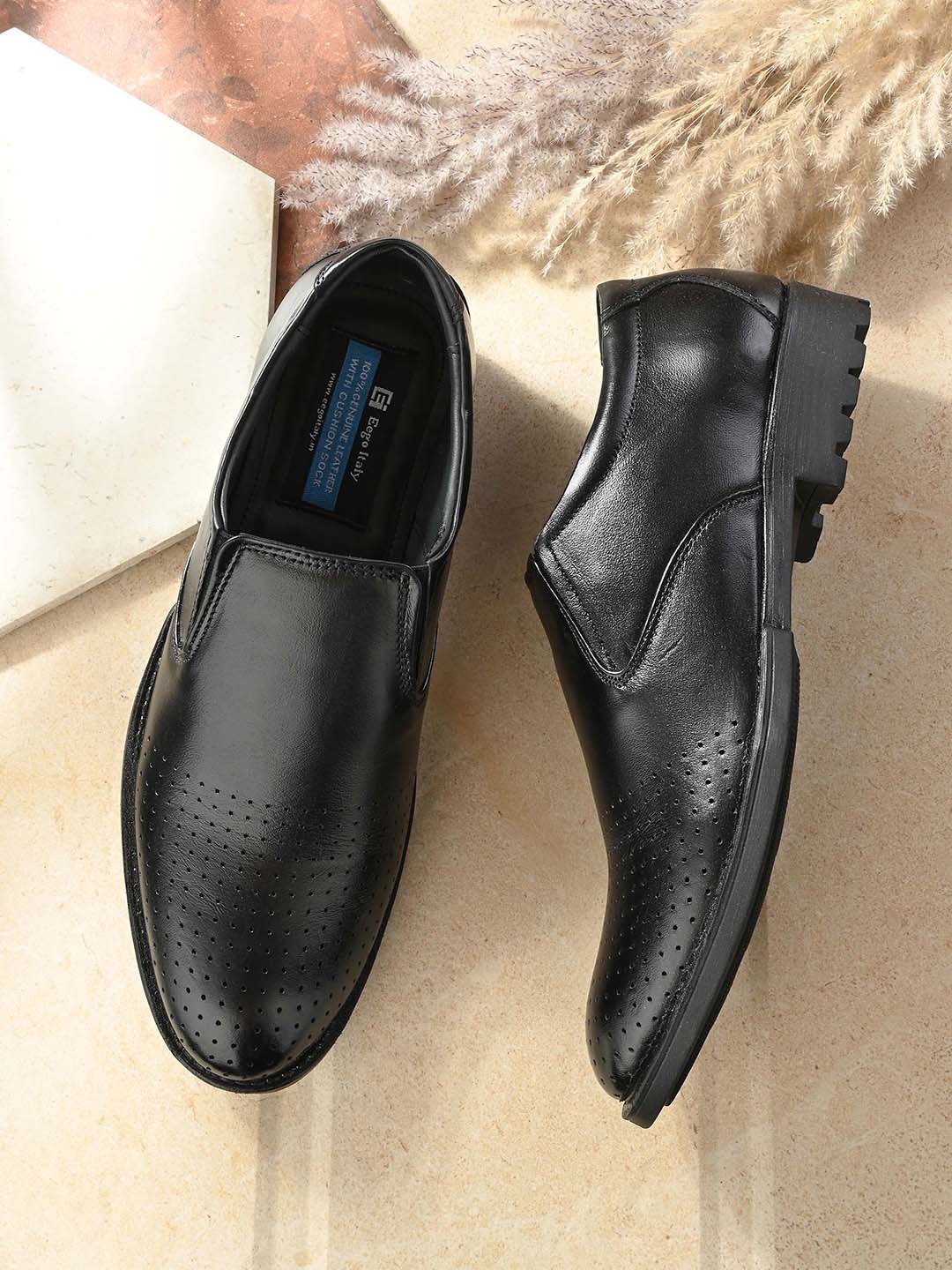 

Eego Italy Men Perforated Genuine Leather Padded Formal Slip-On Shoes, Black