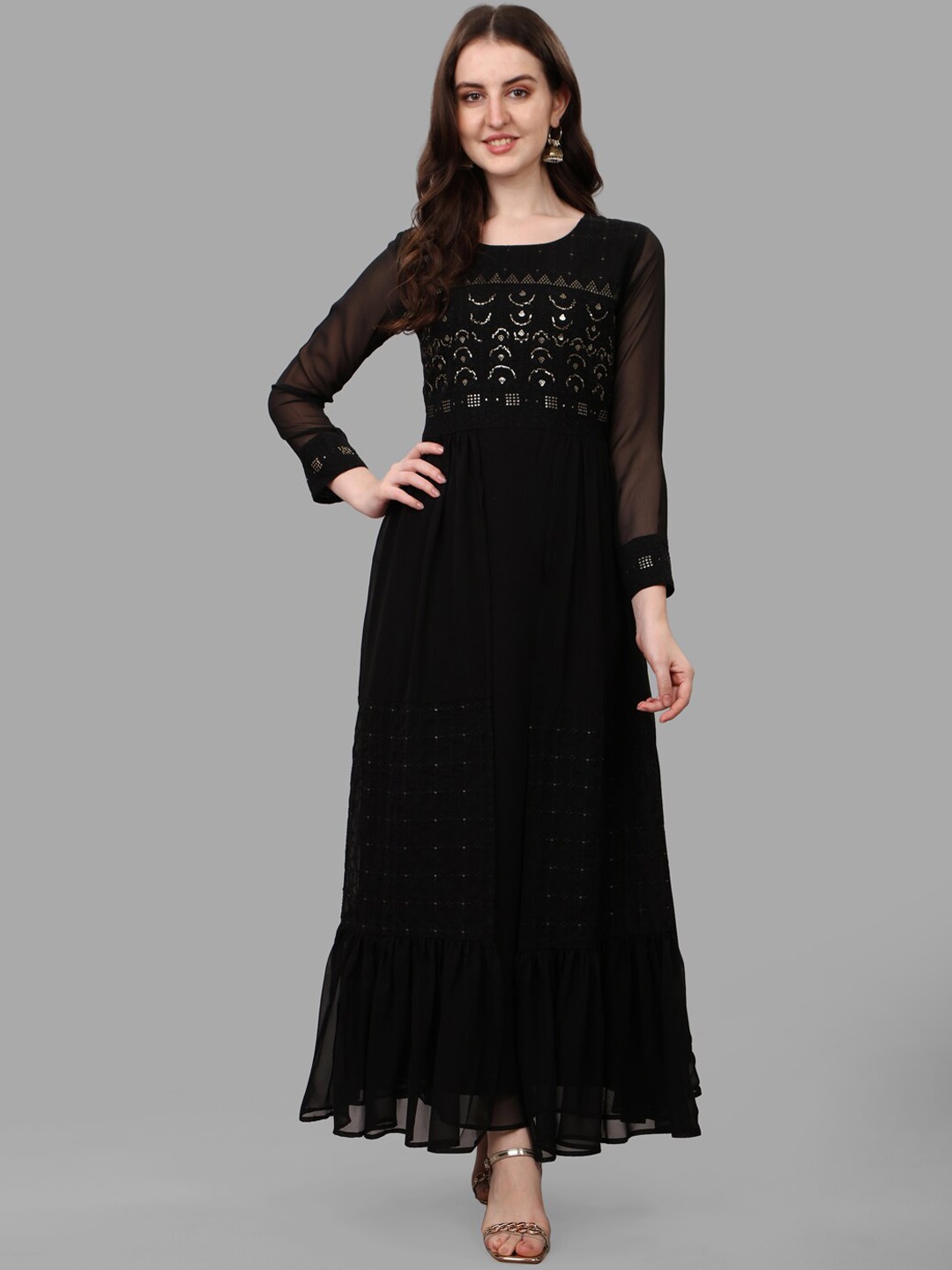 

Kinjo Embroidered Long Sleeves Ethnic Anarkali Dress, Black
