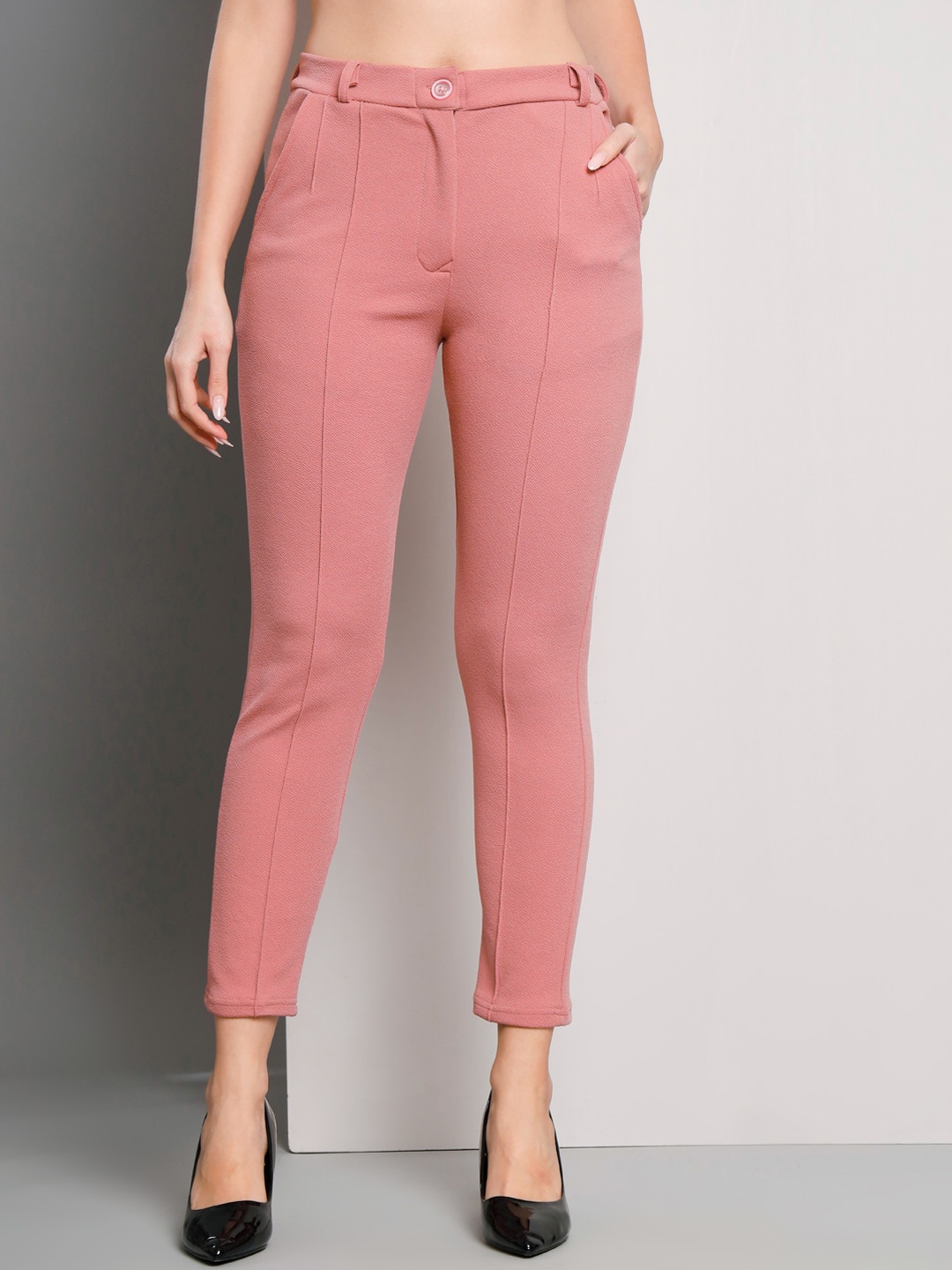 

Q-rious Women High-Rise Plain Seam Casual Trousers, Peach