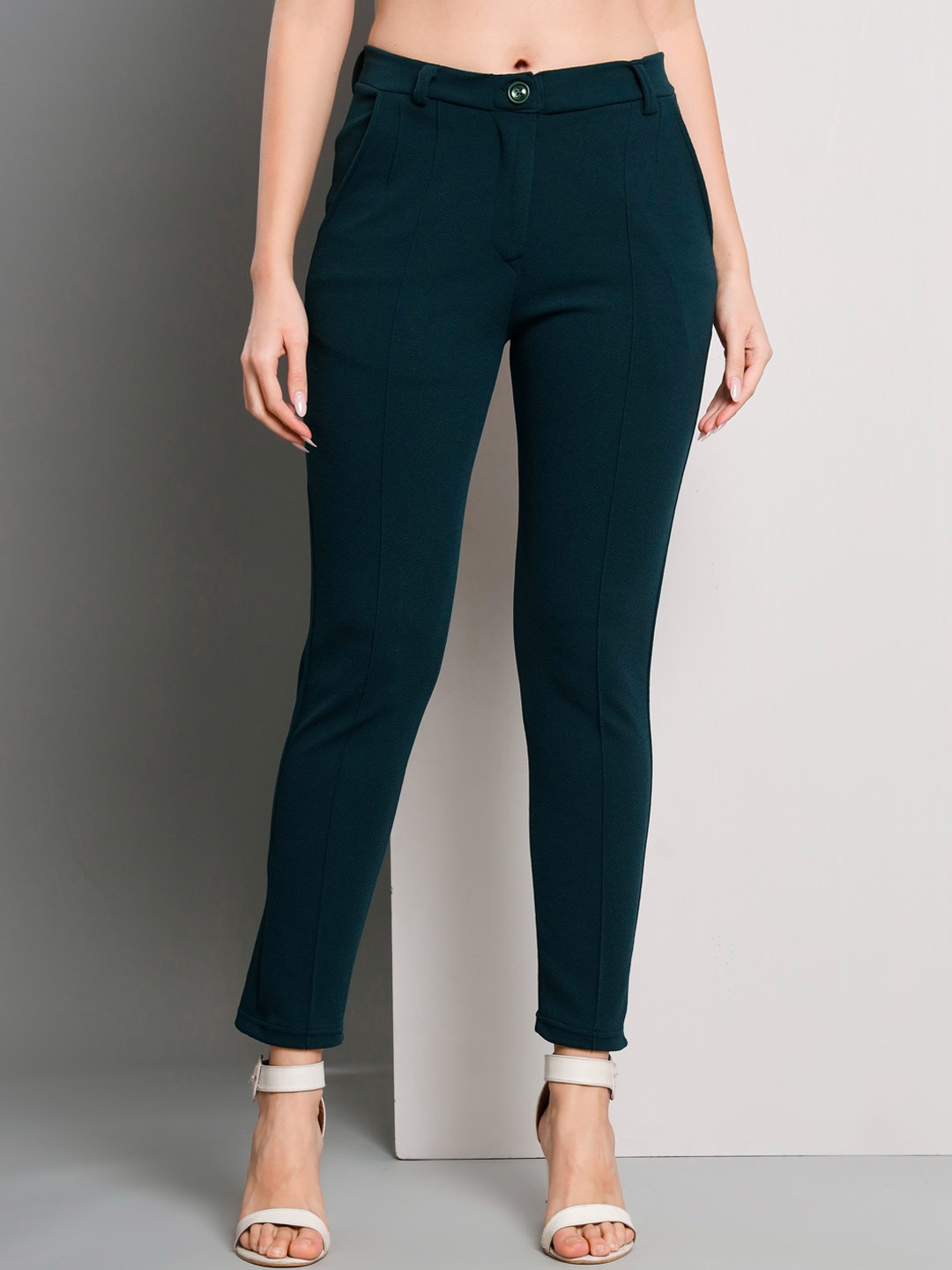 

Q-rious Women High-Rise Plain Regular Trousers, Teal