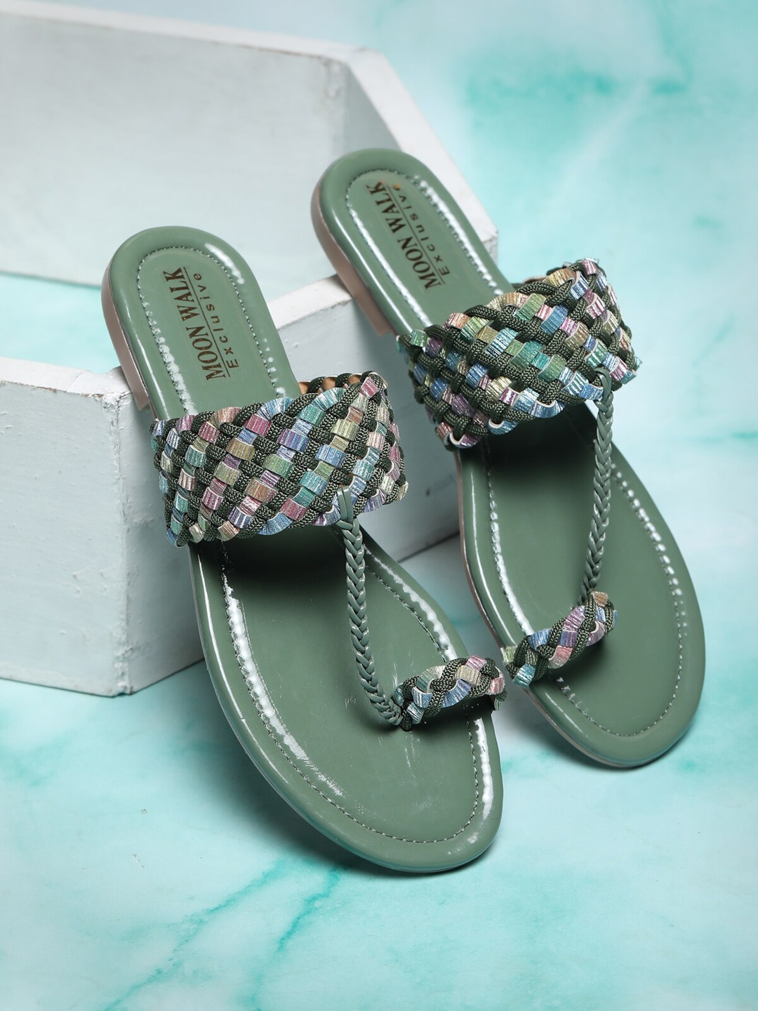 

Moonwalk Women Textured Open Toe Flats, Green
