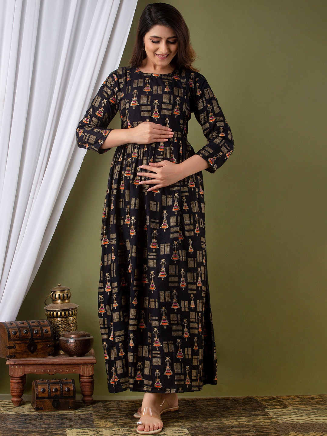

Mialo fashion Ethnic Motifs Printed Cotton Maternity Ethnic Dress, Black