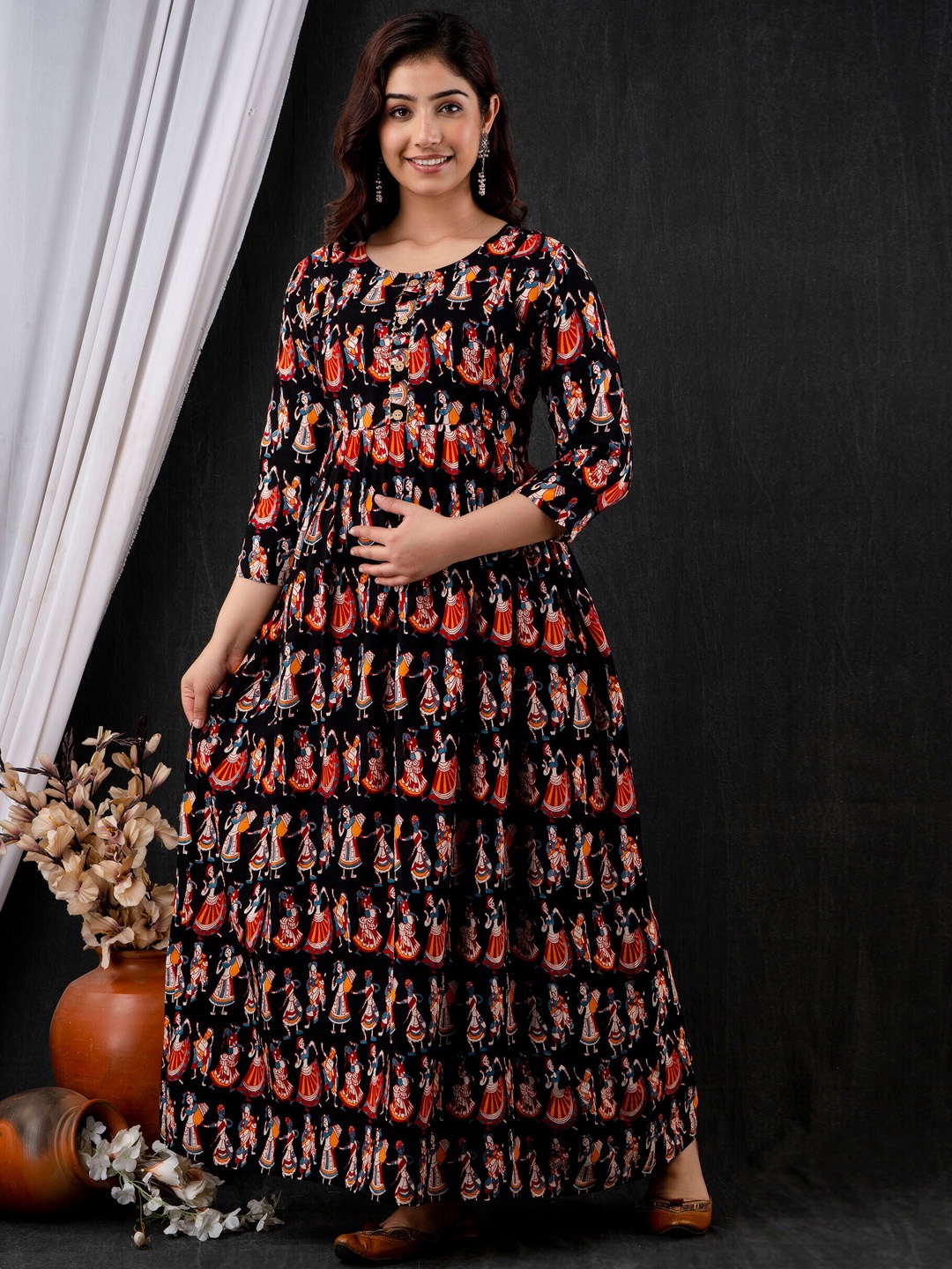 

Mialo fashion Ethnic Motifs Printed Cotton Maternity Ethnic Dress, Black