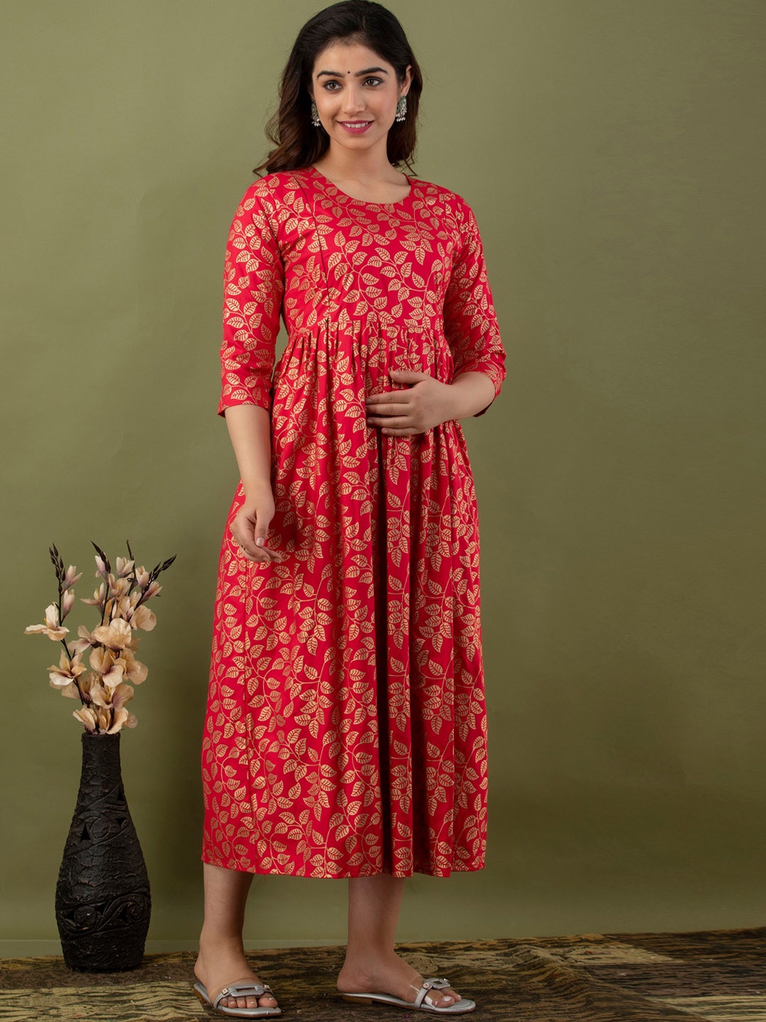 

Mialo fashion Ethnic Motifs Printed Cotton Maternity Ethnic Dress, Red
