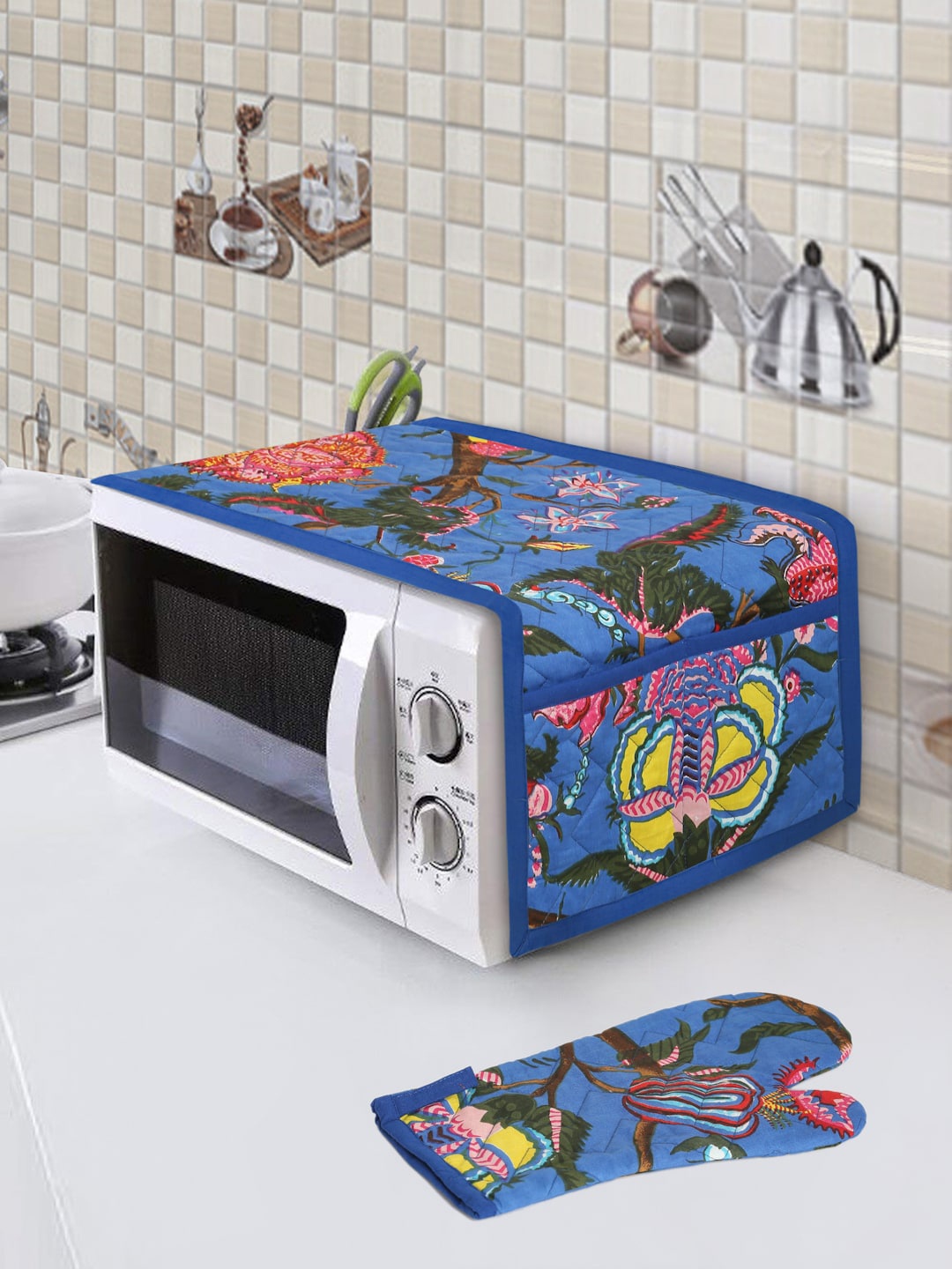 

Rajasthan Decor Blue Printed Pure Cotton Microwave Cover With Gloves