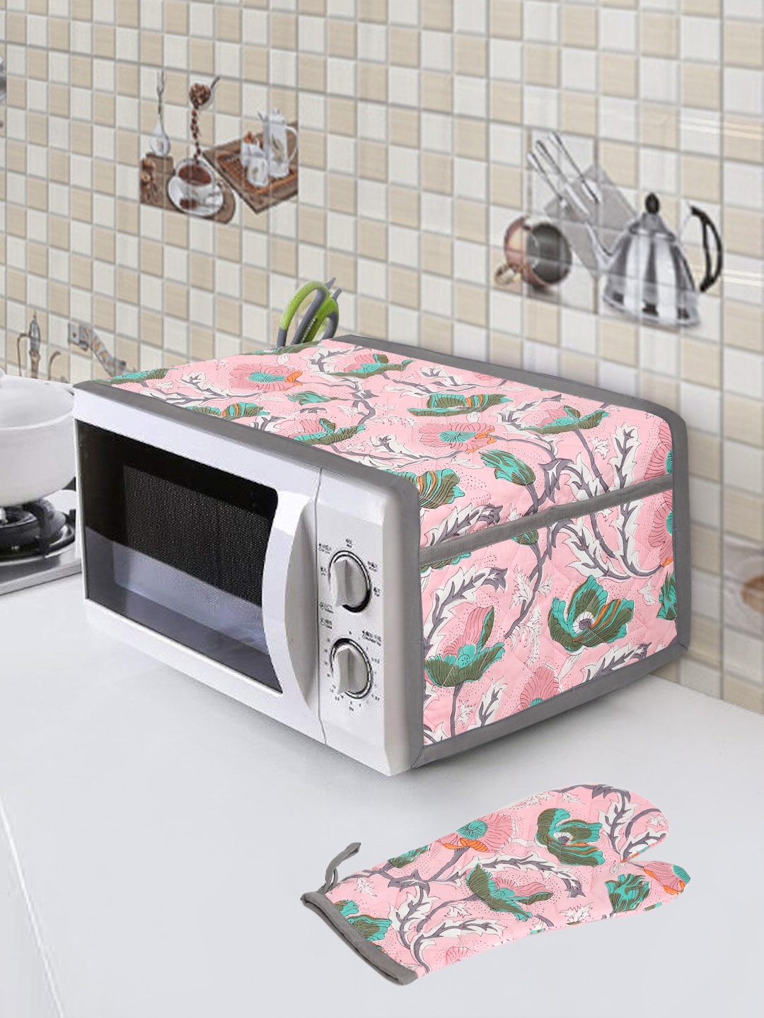

Rajasthan Decor Pink & Blue Printed Pure Cotton Microwave Cover With Glove