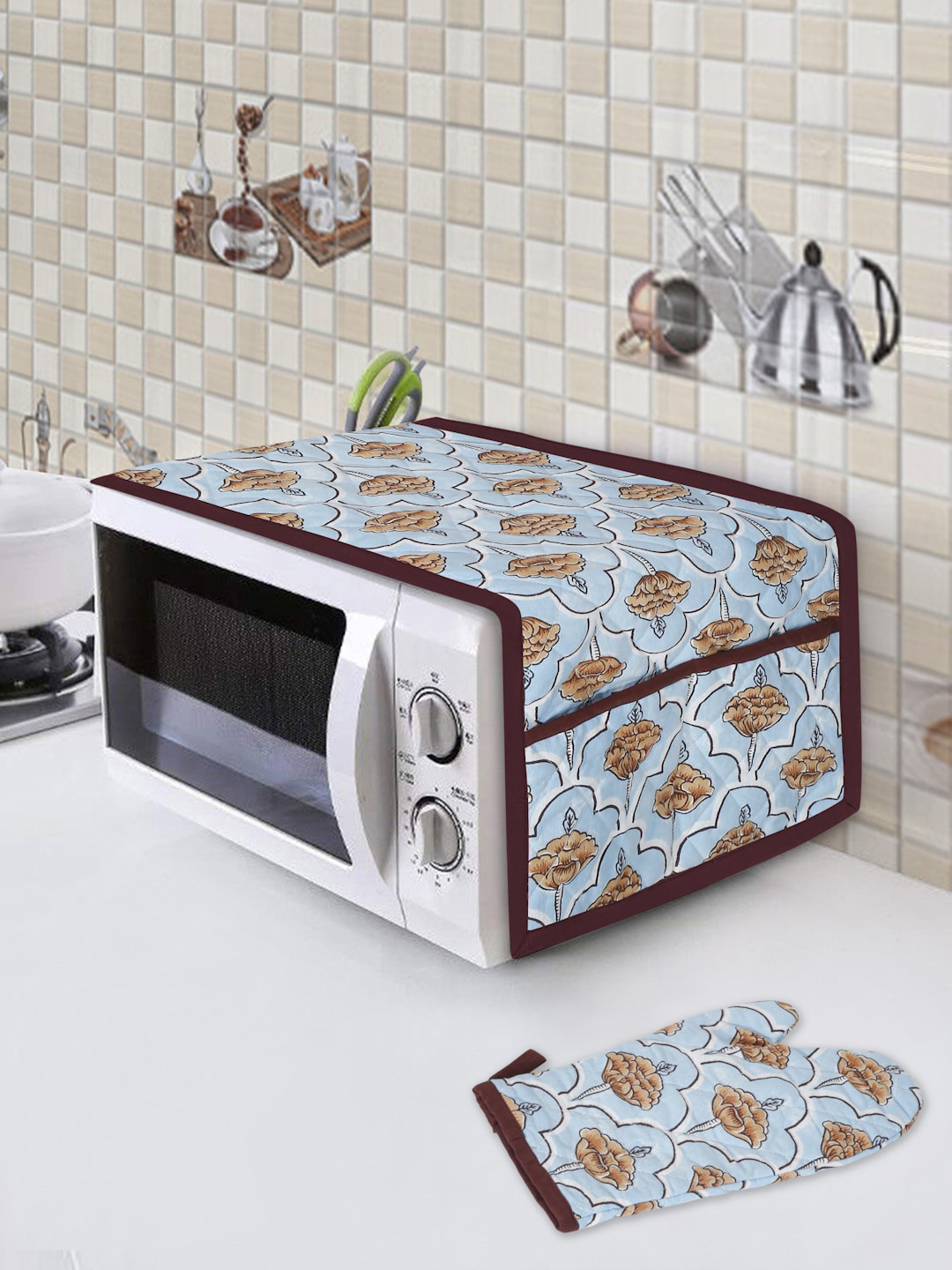 

Rajasthan Decor Light Blue & Brown Printed Pure Cotton Microwave Cover With Gloves