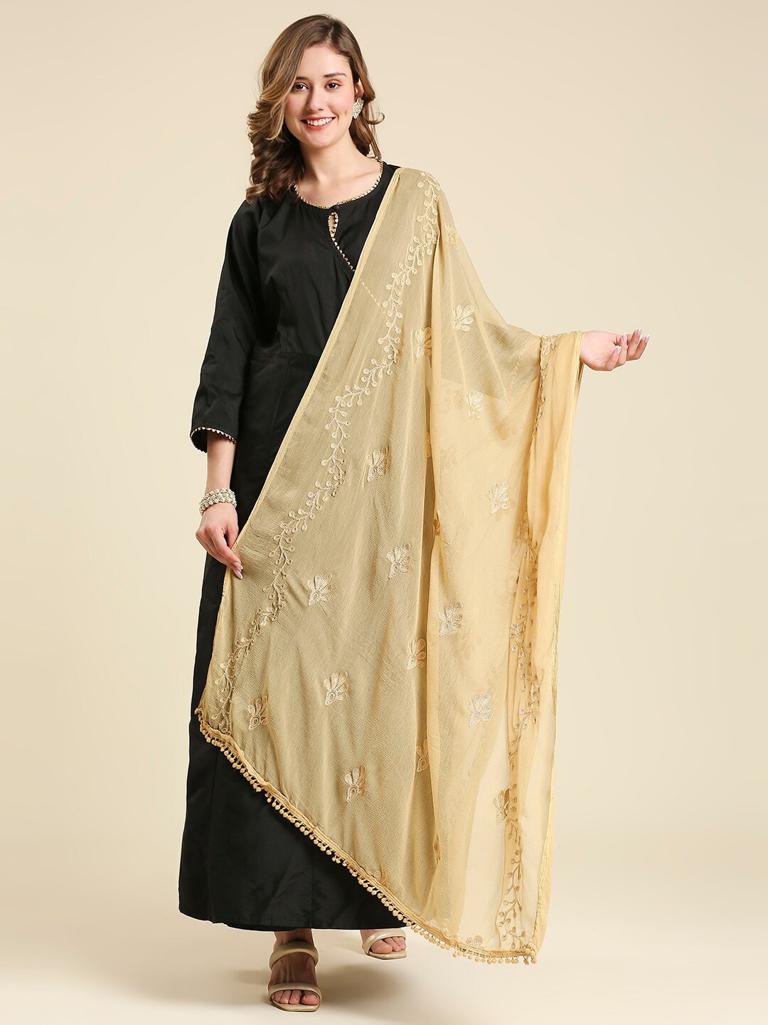 

Dupatta Bazaar Embroidered Chiffon Dupatta With Pom Pom Lace, Beige