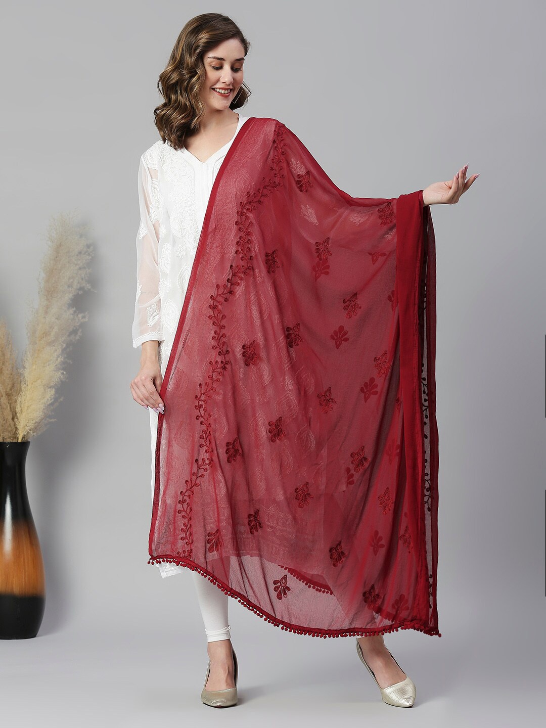 

Dupatta Bazaar Embroidered Chiffon Dupatta With Pom Pom Lace, Maroon