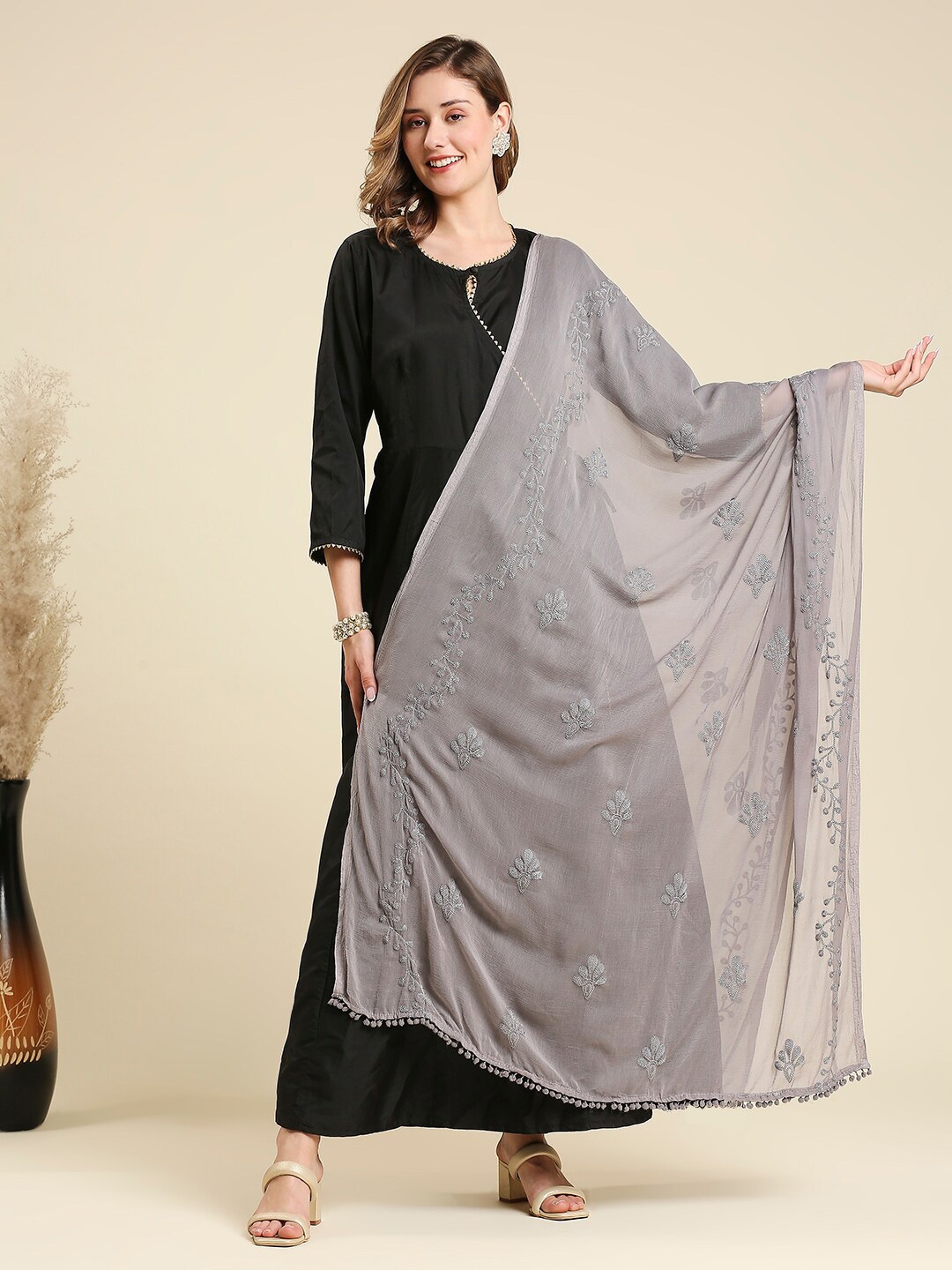 

Dupatta Bazaar Embroidered Chiffon Dupatta With Pom Pom Lace, Grey