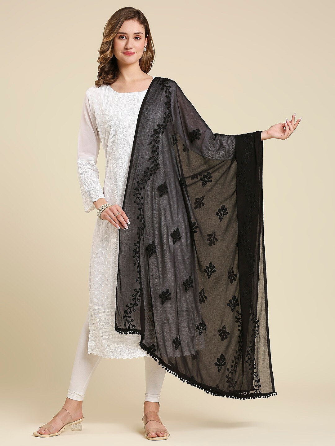 

Dupatta Bazaar Embroidered Chiffon Dupatta With Pom Pom Lace, Black