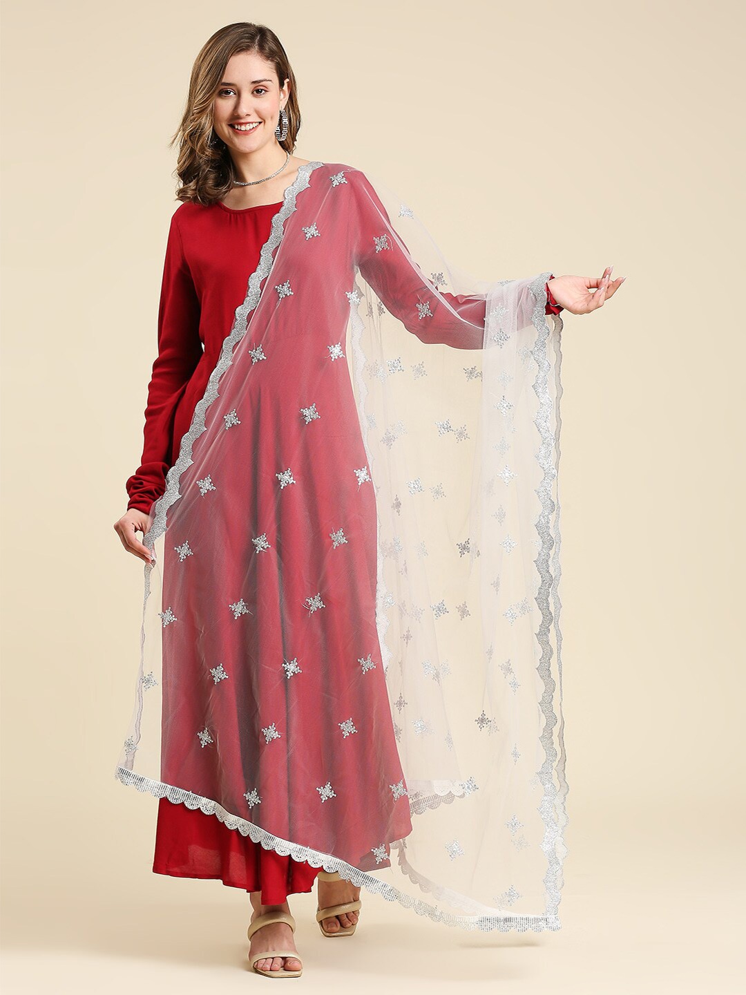 

Dupatta Bazaar Ethnic Motifs Embroidered Dupatta with Zardozi, Silver