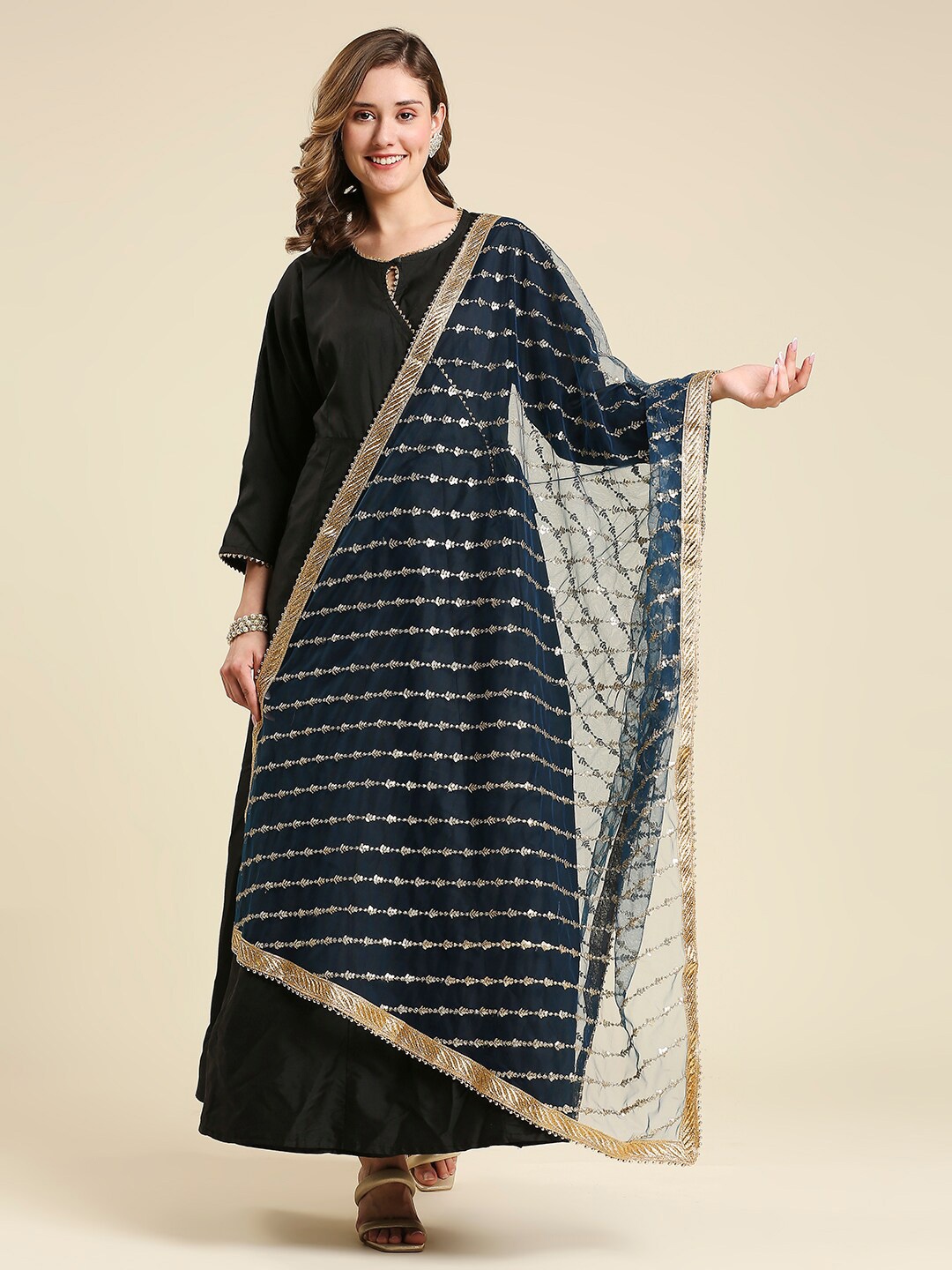 

Dupatta Bazaar Ethnic Motifs Embroidered Dupatta, Navy blue